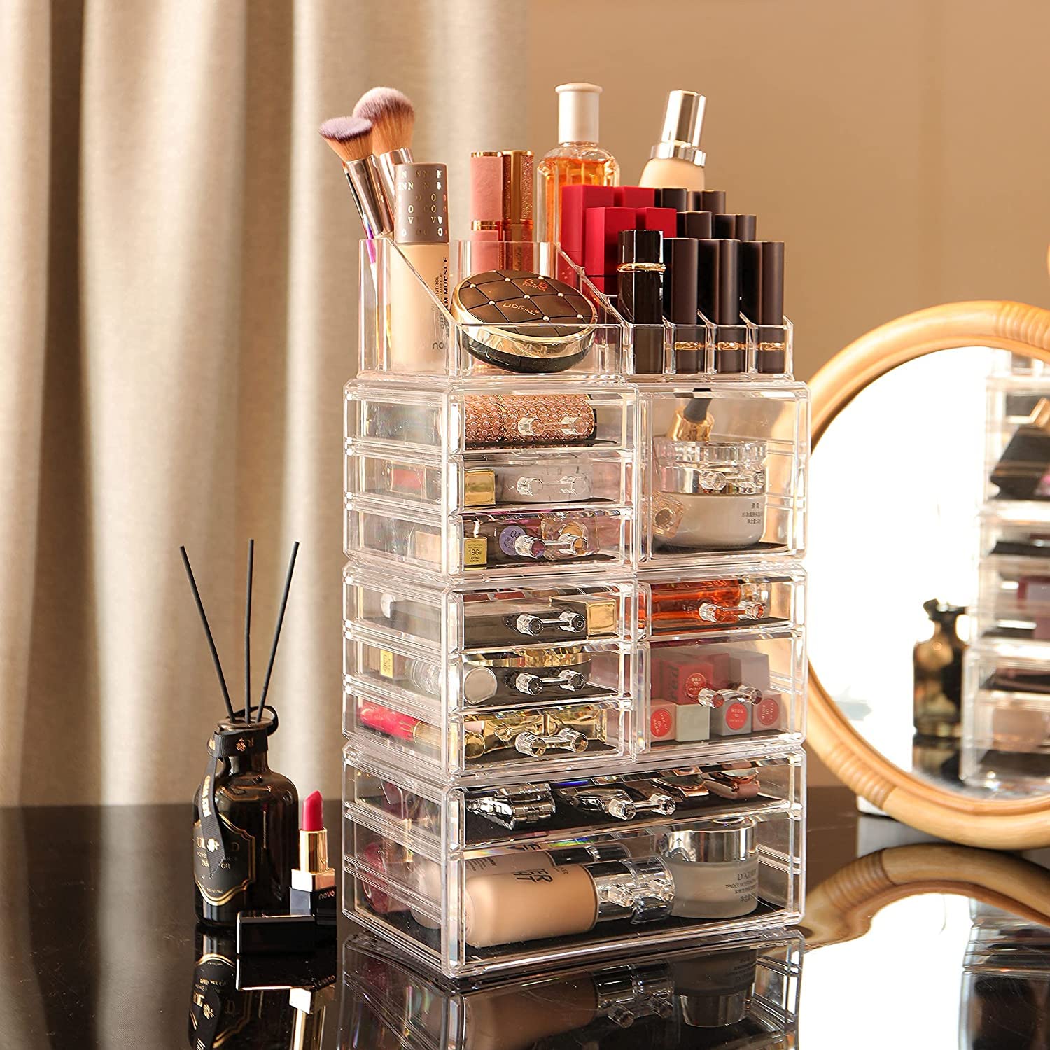 4 Pack Clear Acrylic Makeup Organizer with 11 Stackable Drawers - Vanity Storage for Jewelry, Hair Clips, Skincare & Beauty Products - Perfect for Bedroom, Bathroom & Dressing Table Organization