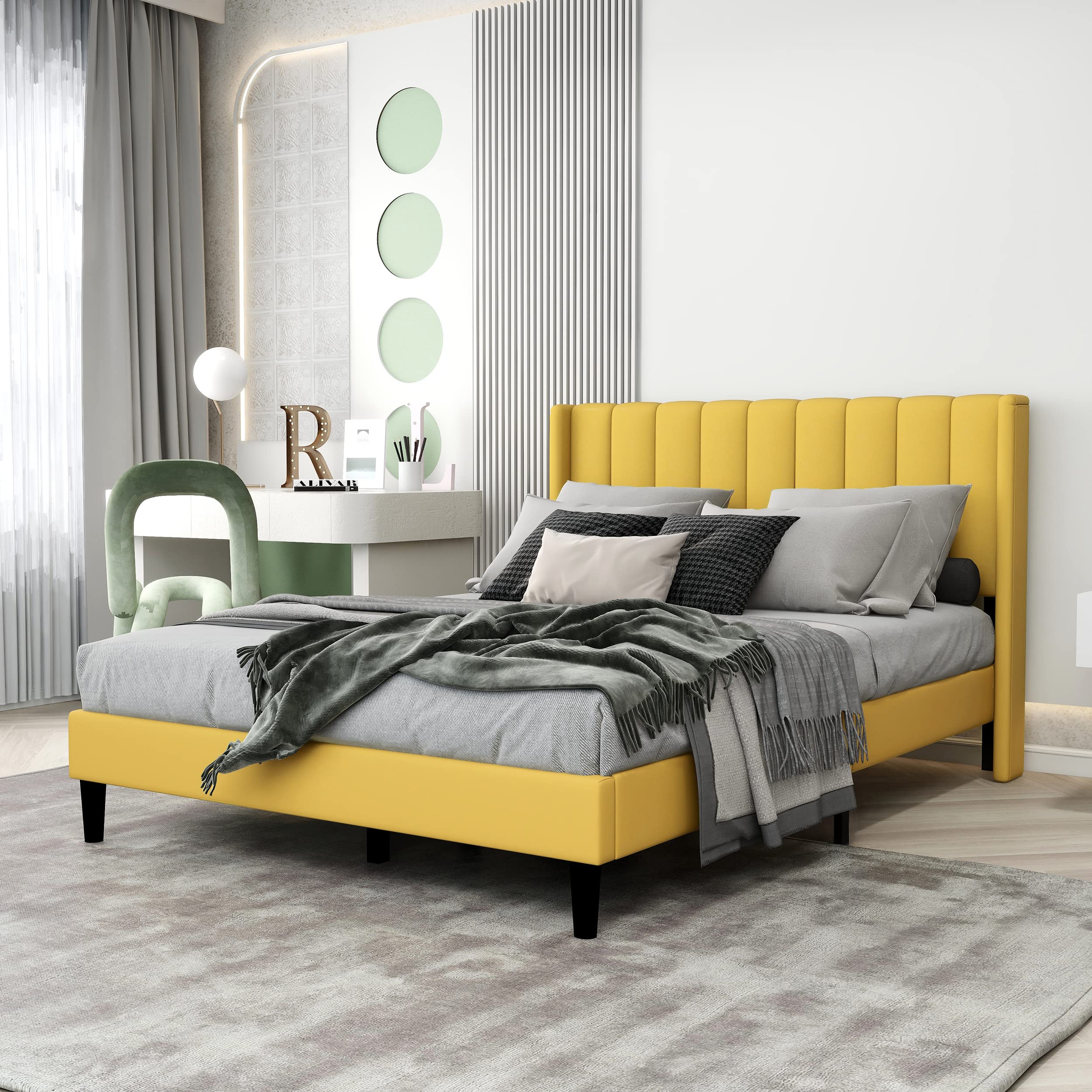 Gruwans Full Upholstered Bed Frame with Wingback Headboard - Easy Assembly for Bedroom