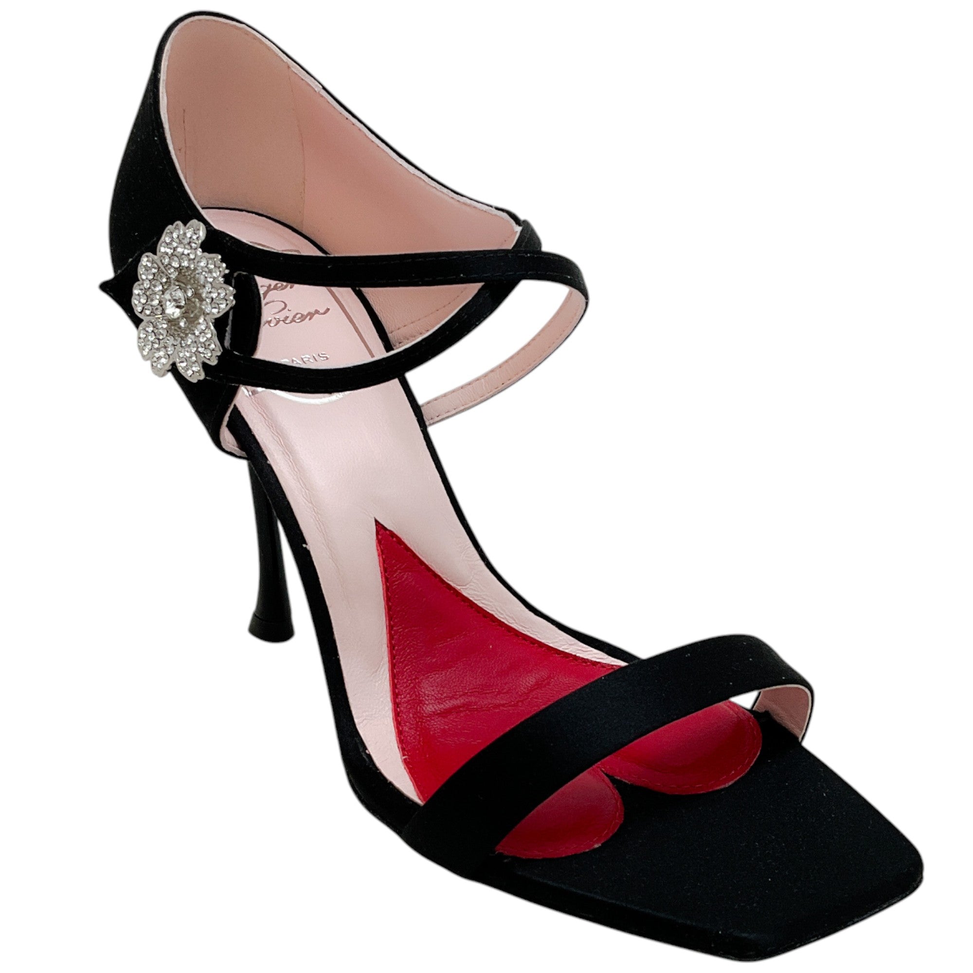 Roger Vivier Black Satin I Love Vivier Daisy Strass Sandals - Elegant Women's Dress Sandals with Rhinestone Accents for Weddings, Parties & Special Occasions