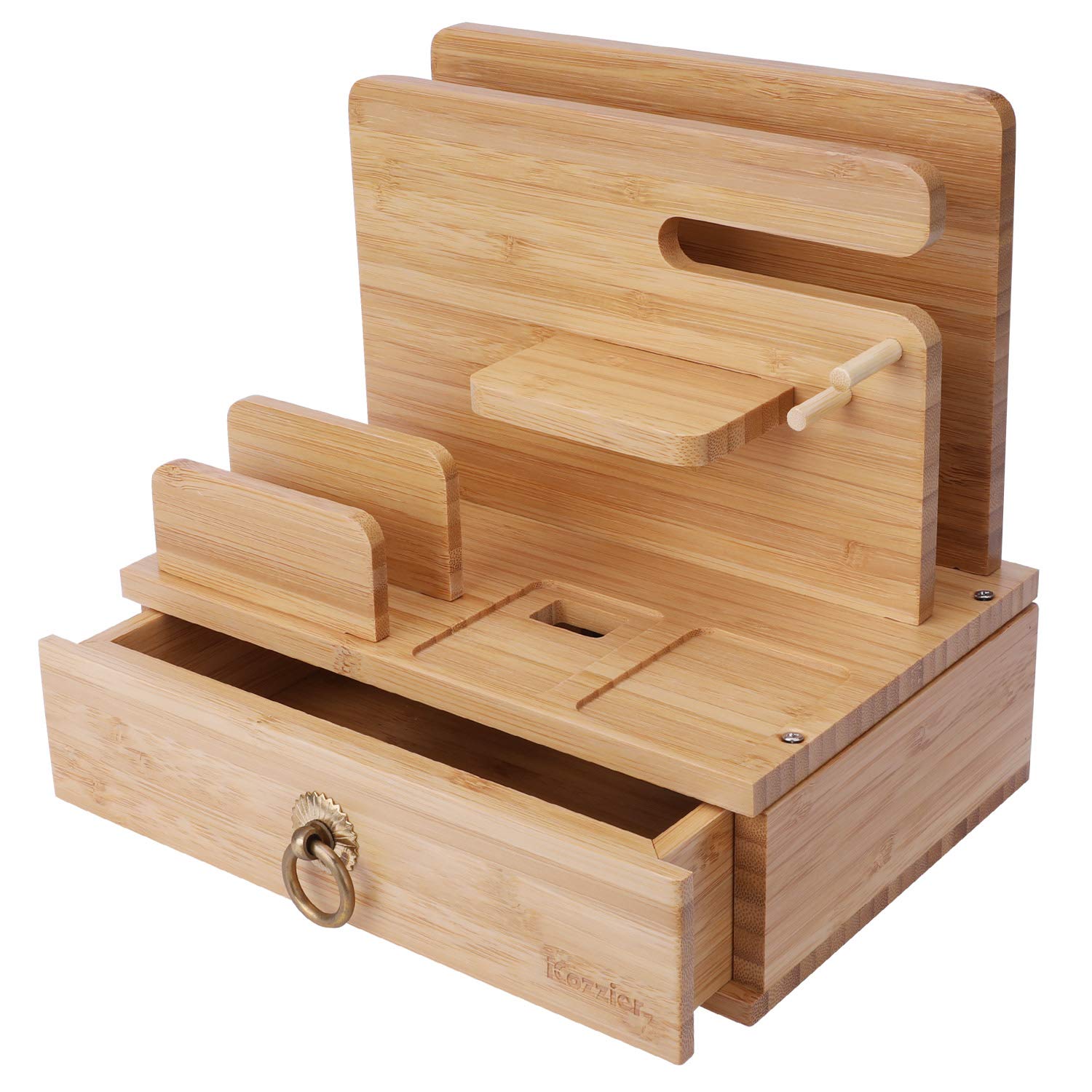 iCozzier Bamboo Multi-Device Charging Station & Organizer - Universal Dock for Apple Watch, AirPods, iPhone, iPad, Tablets & Kindle - Compact Desktop Storage with Drawer for Keys & Accessories - Perfect for Home, Office & Travel Organization