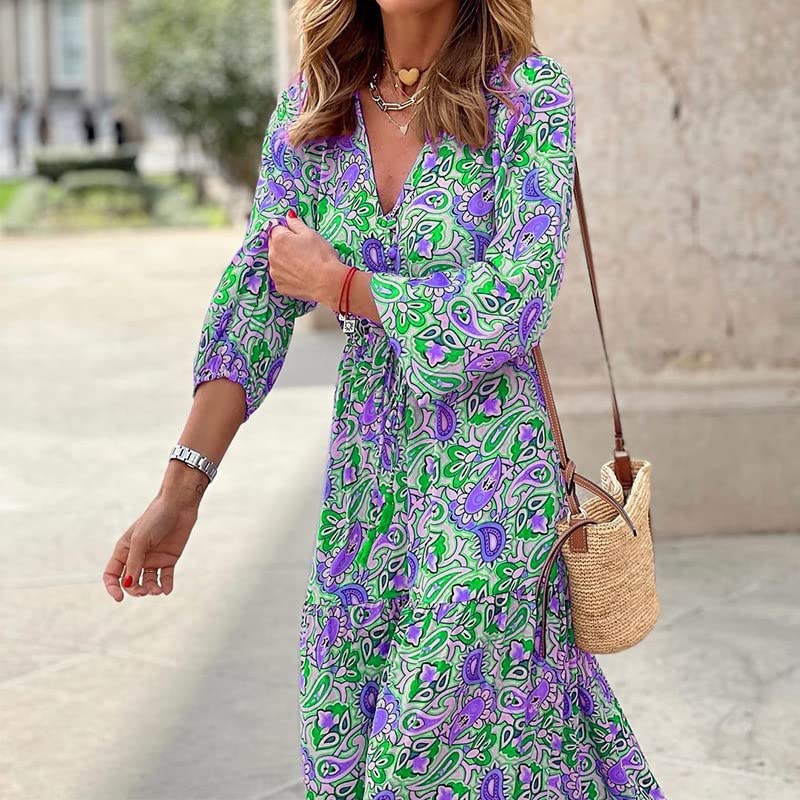 FOVIGUO Women's Bohemian Maxi Dress Long Sleeve V-Neck Empire Waist Floor Length Summer Vacation Dress - Green | Beach Wedding, Party, Date Night Outfit
