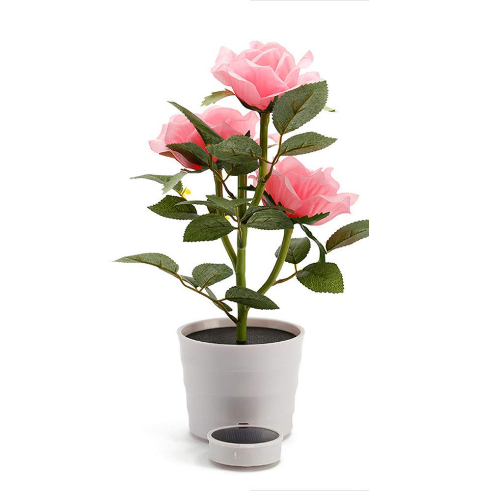 Solar Powered LED Rose Flower Pot Light - Pink Artificial Bonsai Lamp for Indoor Decor, Garden, Holiday Village & Romantic Ambience (One Size)