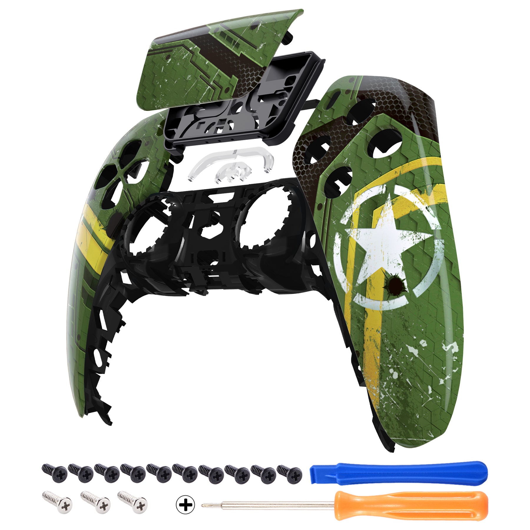 eXtremeRate PS5 Controller Front Housing Shell Replacement - Compatible with BDM 010/020/030/040/050 Models - Army Mecha Design - DIY Repair & Customization for Enhanced Gaming Experience