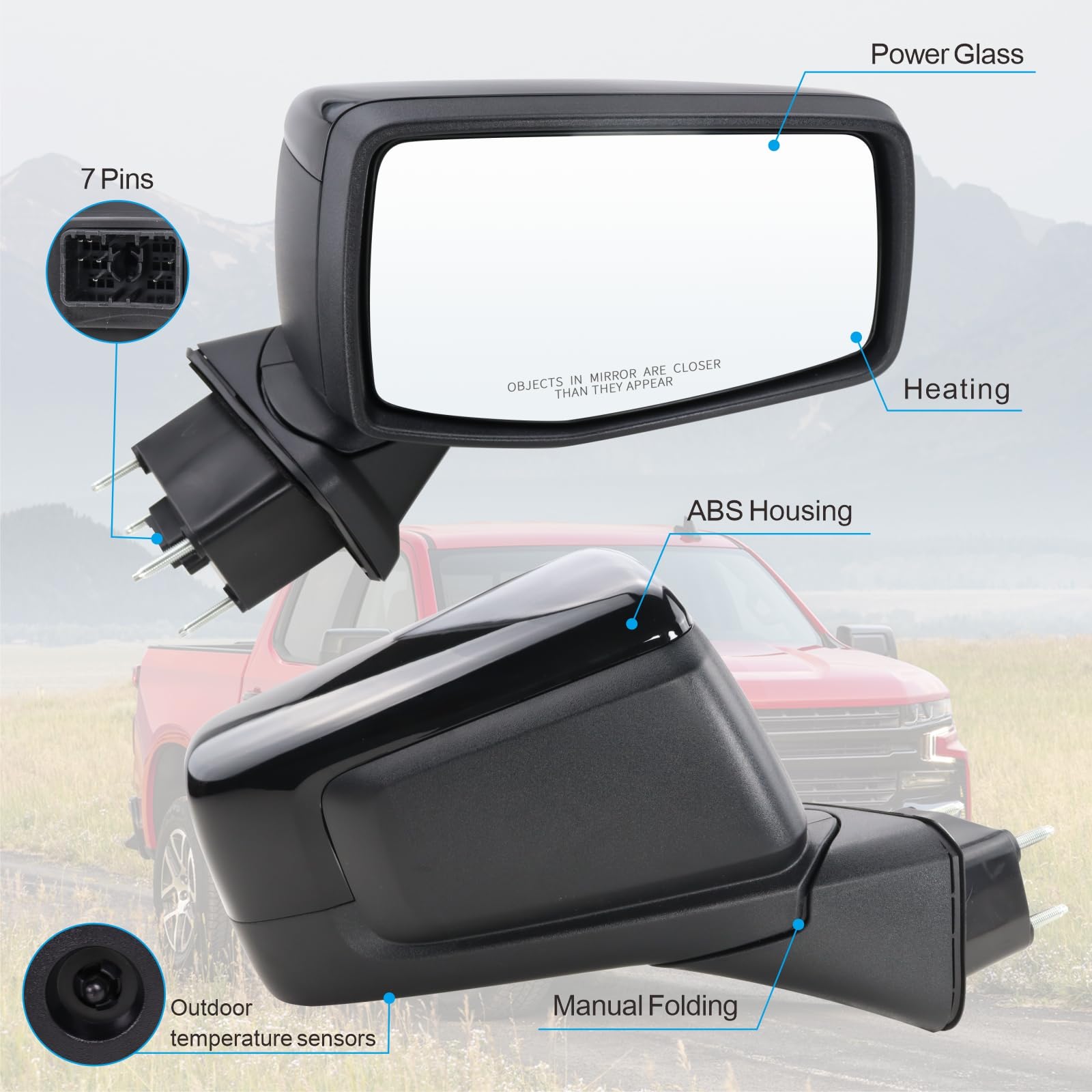Right Passenger Side Mirror Replacement for 2019-2024 Chevy Silverado 1500 - Power Glass, Manual Folding, Heated (No Turn Signal) - Compatible with #GM1321583 (7-Pin) - Perfect for Winter Driving & Truck Maintenance