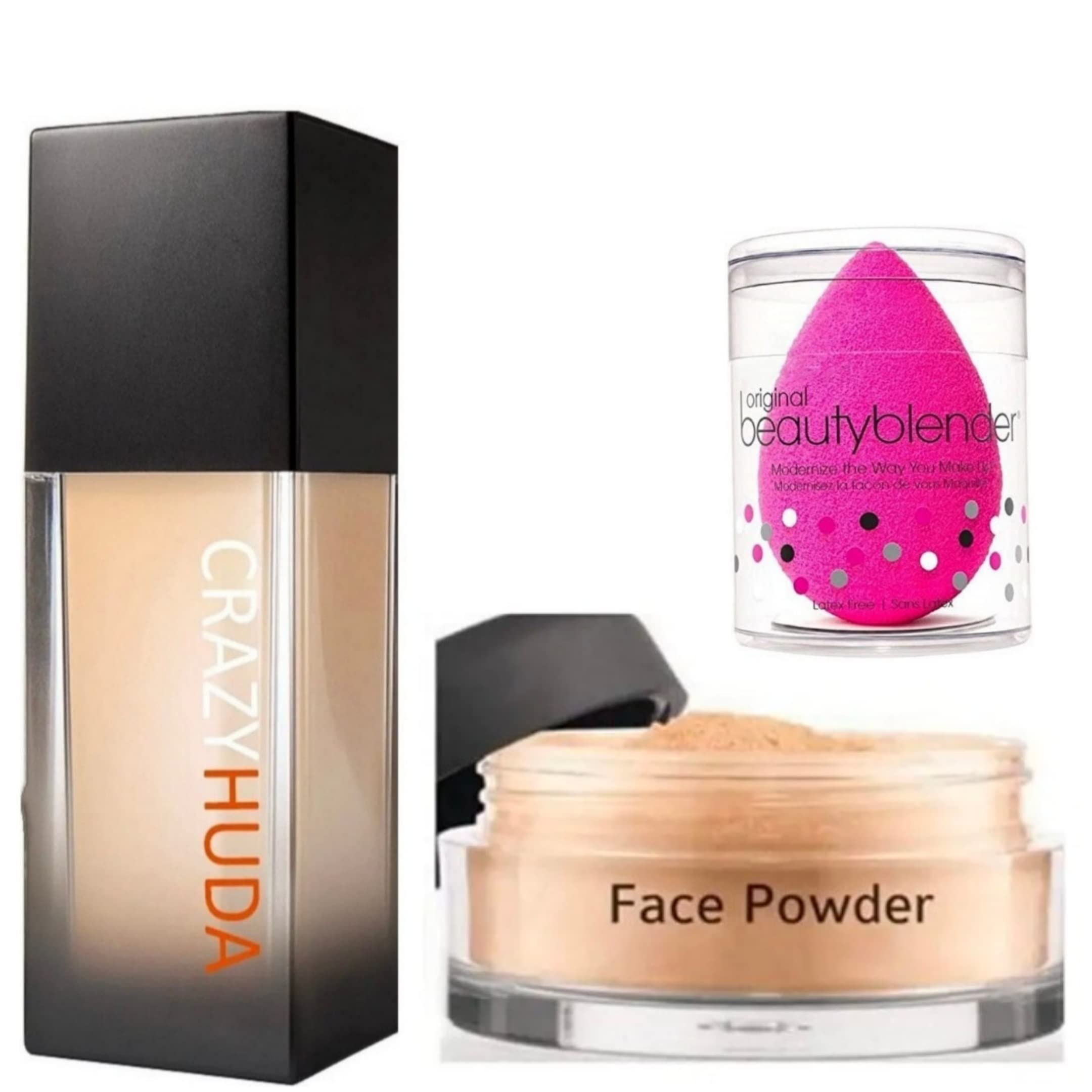 Huda Beauty Professional Waterproof Long-Lasting Liquid Foundation & Face Powder Set with Beauty Blender Sponge - 3 Pack for Flawless Full Coverage Makeup (Daywear, Night Out, Photo Shoots)