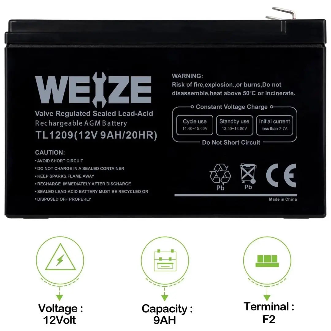 WEIZE 12V 9Ah Deep Cycle AGM Battery - Rechargeable SLA Battery for Solar Power, UPS, Medical Equipment & More - Perfect for RV, Marine, Golf Cart & Off-Grid Applications
