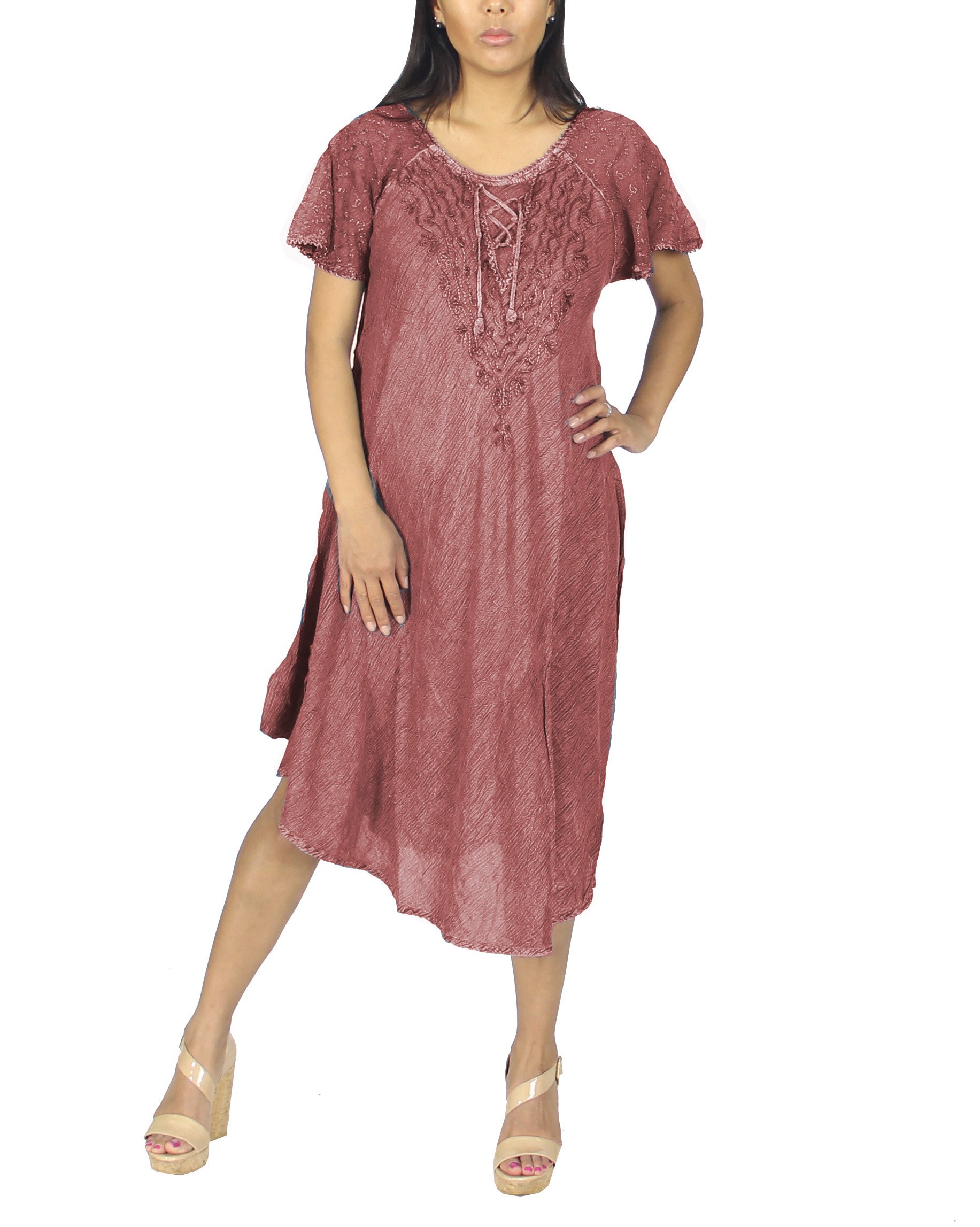 KayJayStyles Women's Short Sleeve Embroidered Lace-Up Denim Dress - Stone Wash Casual Summer Dress for Date Night, Beach Outings & Street Style Fashion