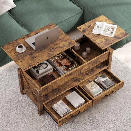 Handmade Dextyn Lift-Top Coffee Table with 2 Storage Drawers - Rustic Living Room Furniture for Small Spaces, Perfect for Apartments & Home Decor