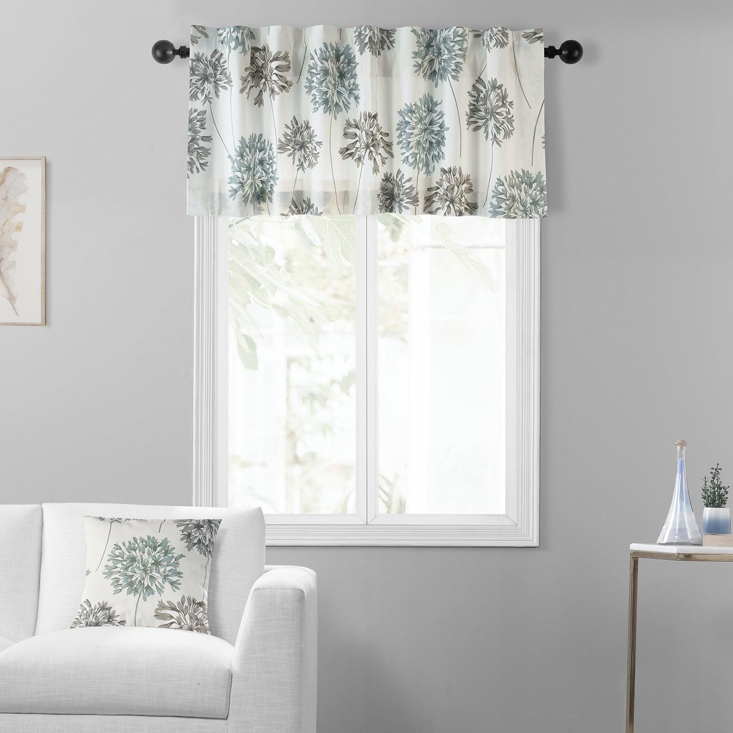 Allium Blue Gray Floral Printed Cotton Window Valance - Elegant Home Decor for Living Room & Bedroom Windows