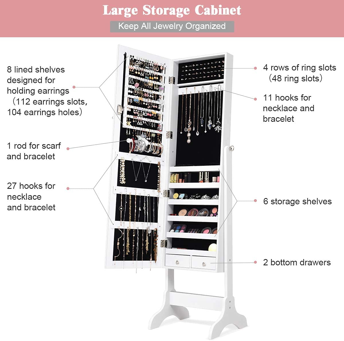 Lockable Mirrored Standing Jewelry Armoire Organizer - Large Jewelry Storage Cabinet with Full-Length Mirror, 4 Adjustable Hooks & 2 Drawers, 2-in-1 Jewelry Box Organizer (White) - Perfect for Bedroom, Closet, or Dressing Room Organization