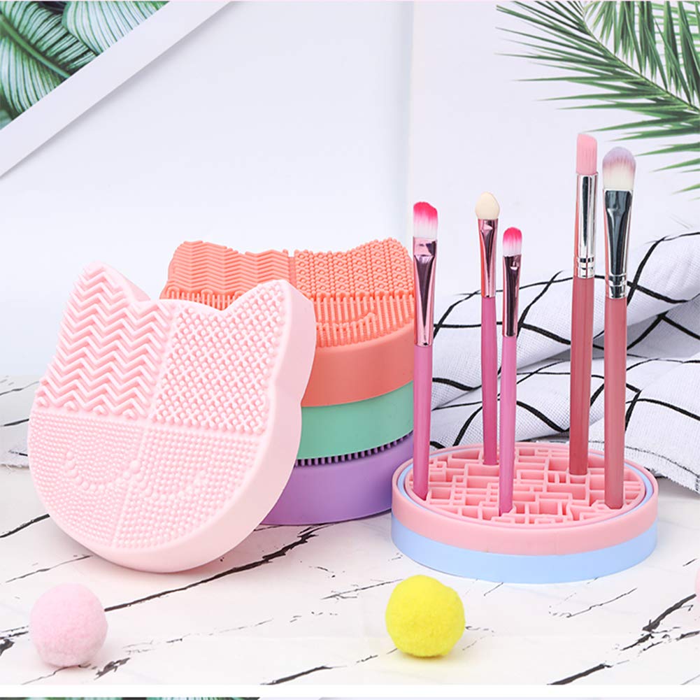 Premium Silicone Makeup Brush Cleaner Mat with Drying Holder - Portable Cat Shaped Cosmetic Brush Cleaning Pad for Manual or Machine Wash (Lavender) - Perfect for Home, Travel & Professional Makeup Artists
