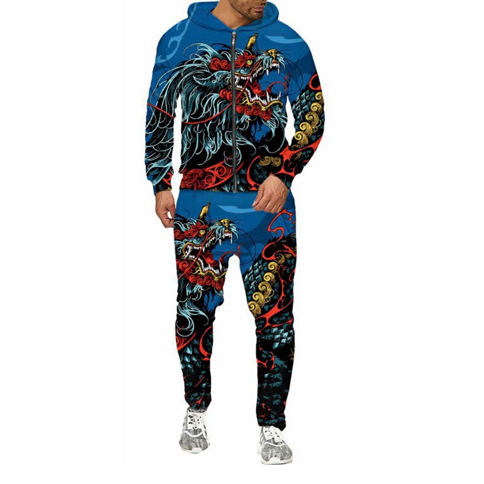 3D Dragon Printed Men's Hooded Sweatshirt & Joggers Set - Japanese Style Zip Up Tracksuit for Men - Casual Streetwear & Loungewear for Spring/Fall Seasons