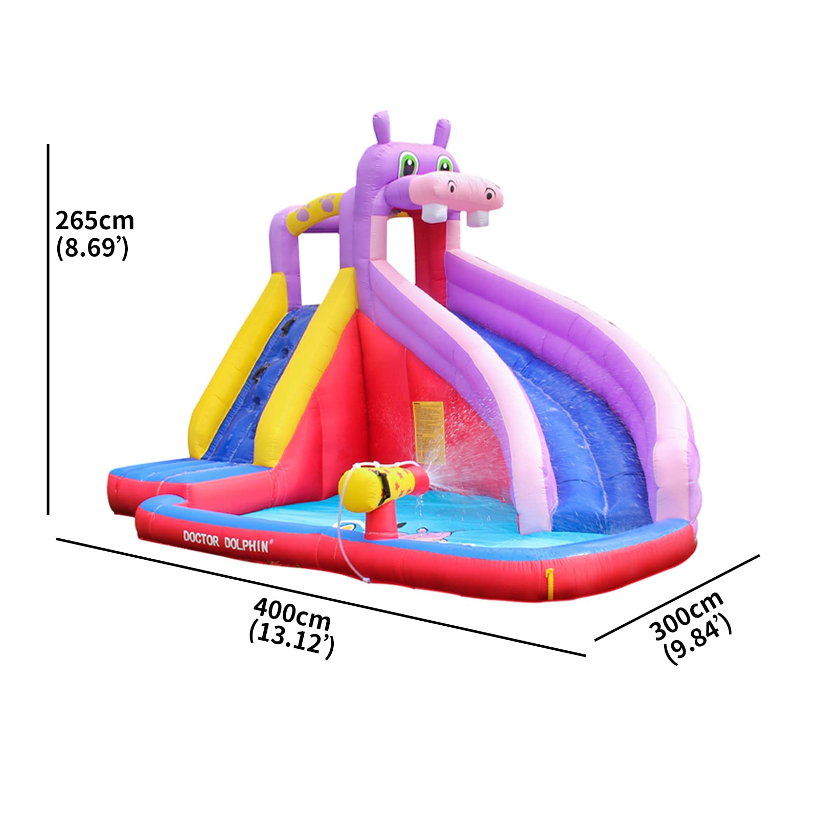 **Doctor Dolphin Inflatable Water Slide for Kids - Large Backyard Water Slides with Climbing Wall & Bounce House, Hippo Theme Splash Pool for Outdoor Summer Fun - Perfect for Birthday Parties, Backyard Play & Family Gatherings**