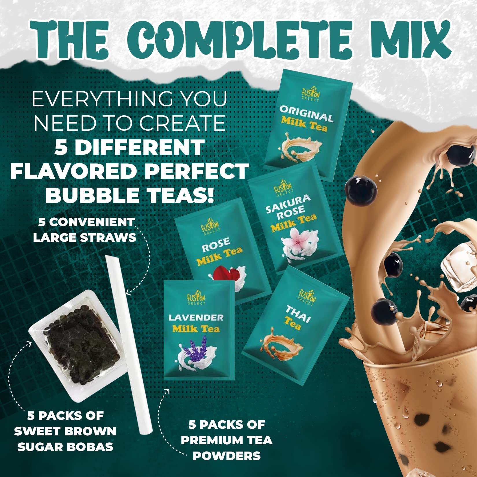 Fusion Select 5-Pack Authentic Boba Tea Kit - Sakura, Lavender, Rose, Thai Tea & Original Milk Tea Flavors with Tapioca Pearls & Straws | Extra Rich Bubble Tea Drinks for Home, Parties & Cafes