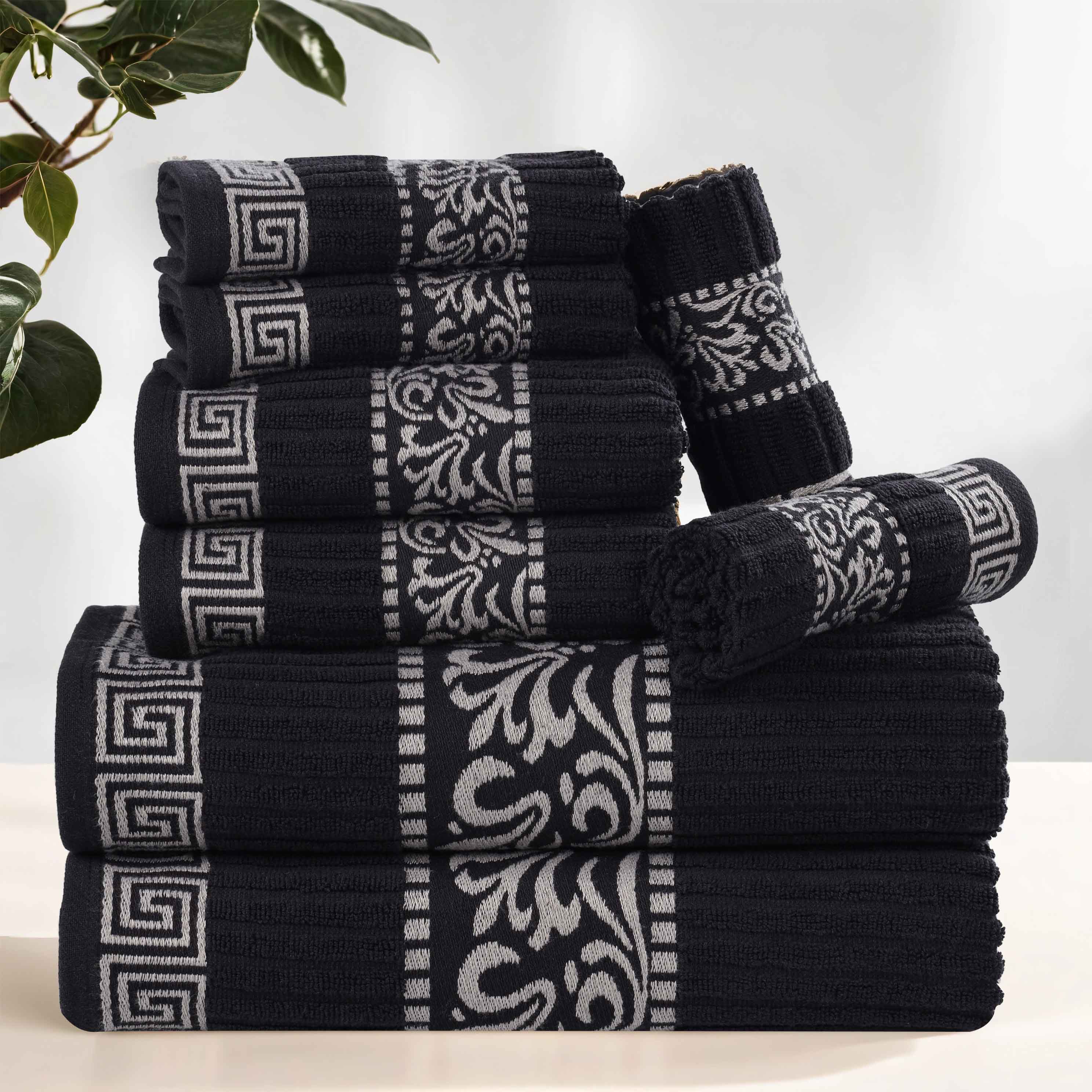 Premium 8-Piece Cotton Towel Set with Greek Scroll & Floral Design - Soft Bath & Hand Towels for Luxury Bathroom Decor, Spa & Guest Use