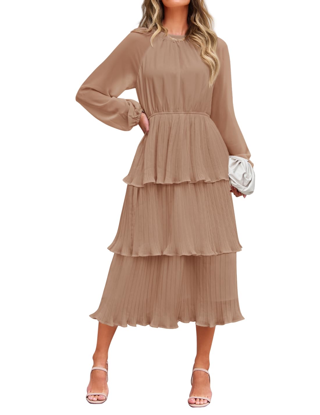 ZESICA Women's 2025 Long Sleeve Chiffon Dress with Ruffle & Tiered Layers - Elegant Crew Neck Swing Midi Dress for Casual Wear, Office, Party & Special Occasions