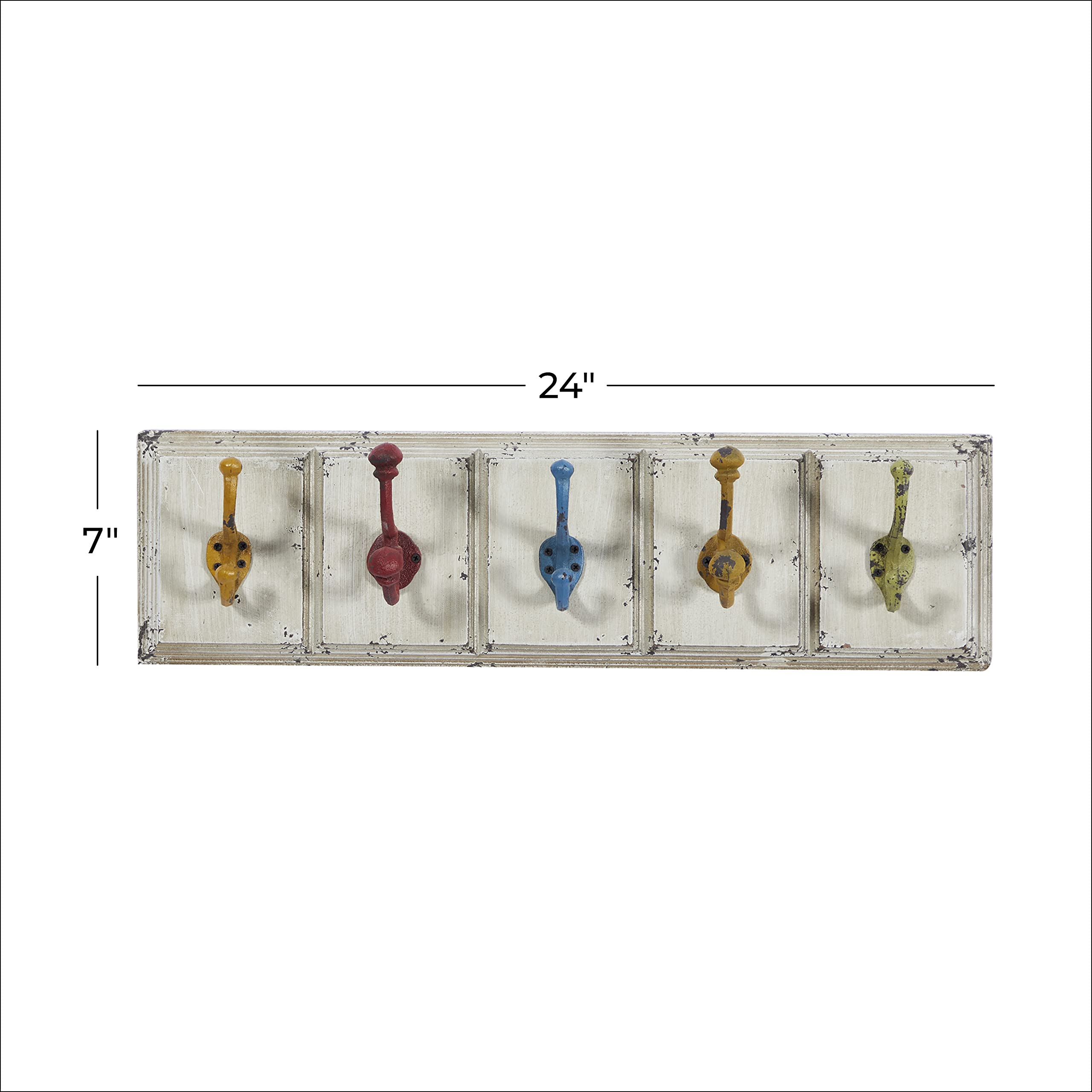 Deco 79 Wooden Wall Hooks with Multi-Colored Hangers - 5 Pack, 24