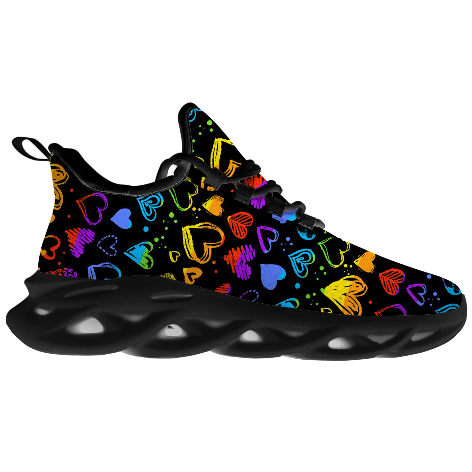 **LGBTQ Pride Running Shoes for Women & Men - Rainbow Heart Design Sneakers - Comfortable Walking & Tennis Shoes - Size 10 Men/13 Women - Black - Perfect for Pride Parades, Workouts & Casual Wear**