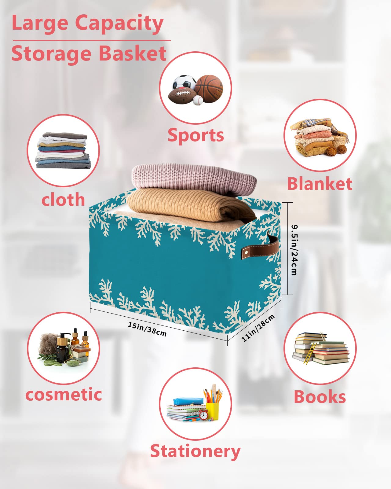 Coastal Themed Coral Teal Fabric Storage Baskets - 2 Pack, 15
