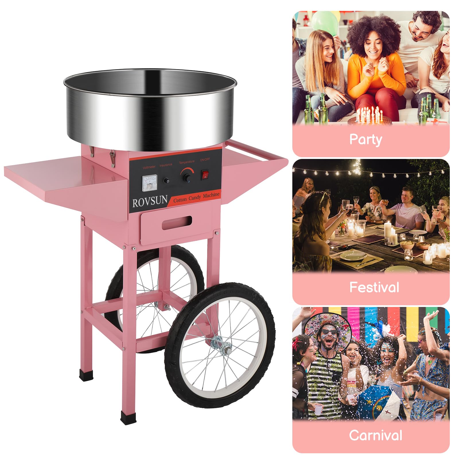 ROVSUN 21 Inch Commercial Cotton Candy Machine Cart - Stainless Steel Bowl Candy Floss Maker with Sugar Scoop & Storage Drawer - Perfect for Home Parties, Carnivals, Fairs & Events (Pink)