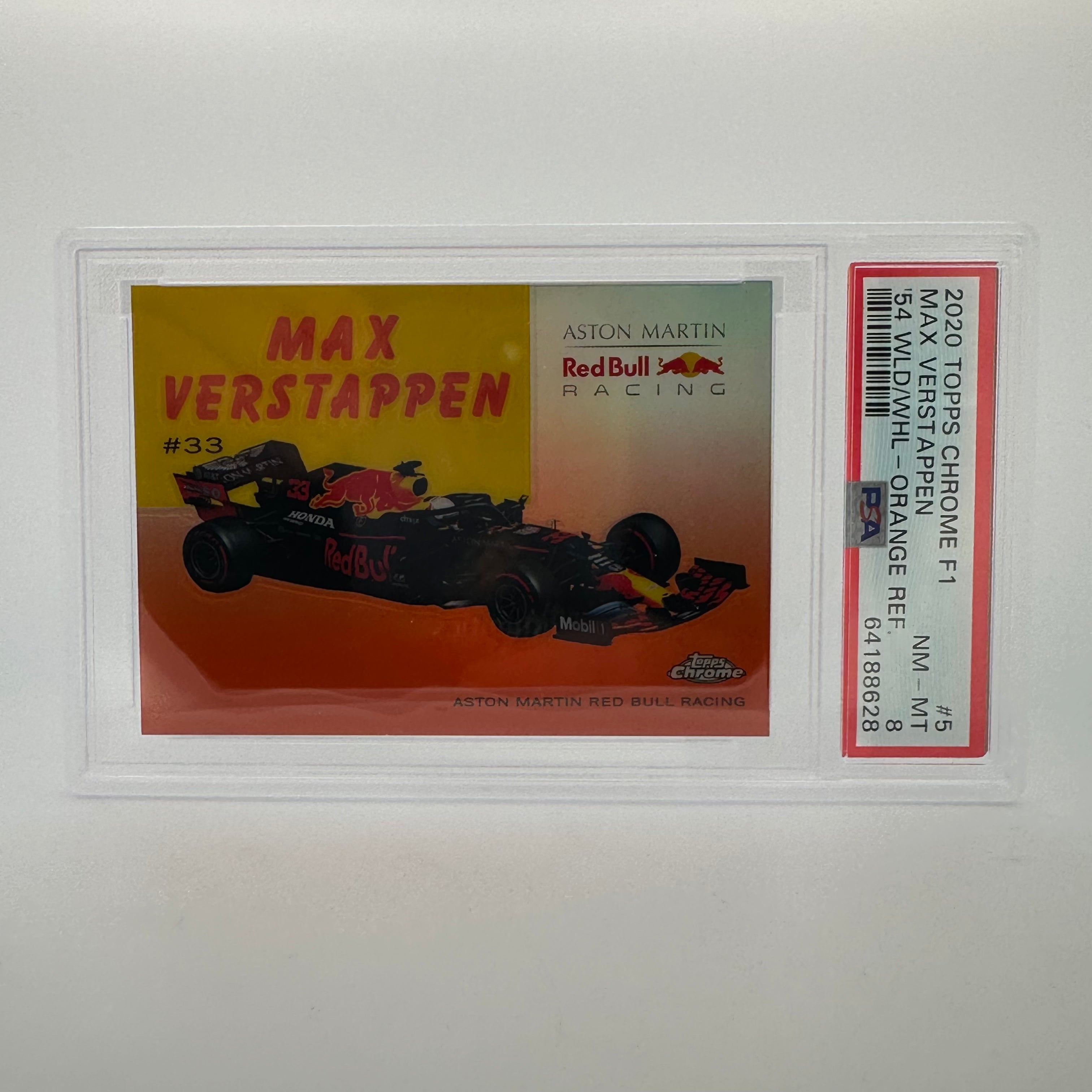 PSA 8 Graded 12/25 Max Verstappen World On Wheels #54W Orange Refractor - Rare Racing Collectible for Display & Investment