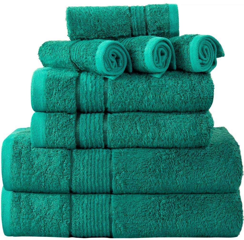 Premium Ultra Soft Luxury Bamboo Cotton Bath Towel Set - 8 Piece (2 Bath Towels, 2 Hand Towels, 4 Washcloths) - 600 GSM High Absorbency - Teal Color - Perfect for Spa, Bathroom & Guest Use