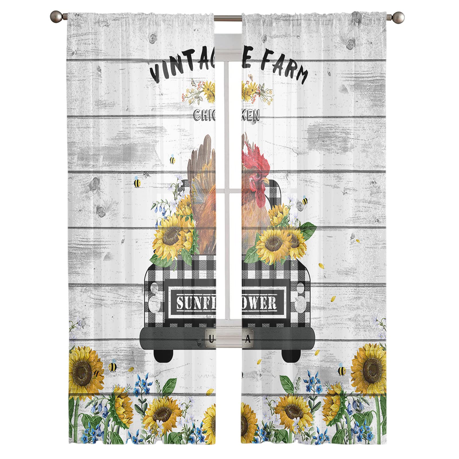 2 Panels Semi-Sheer Chicken & Sunflower Farm Truck Window Curtains - Black White Plaid Voile Drapes for Privacy, Bedroom & Living Room Decor - Vintage Wooden Board Design for Farmhouse, Cottage & Rustic Home Style