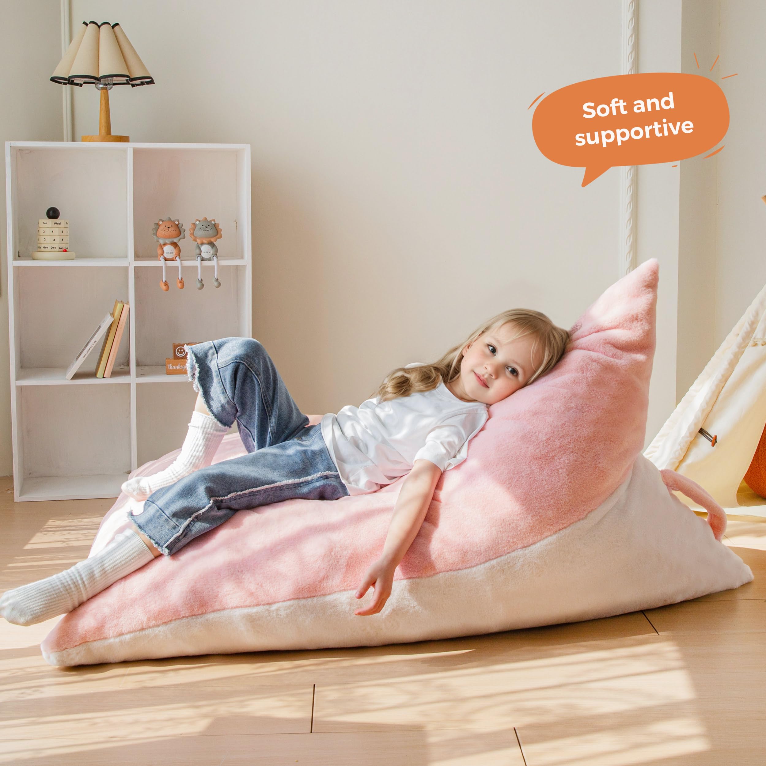 MAXYOYO Kids Bean Bag Chair - 2 Tone Handle Design, High Density Foam Floor Lounger for Boys & Girls, Pink & White - Perfect for Bedroom, Playroom & Reading Nook