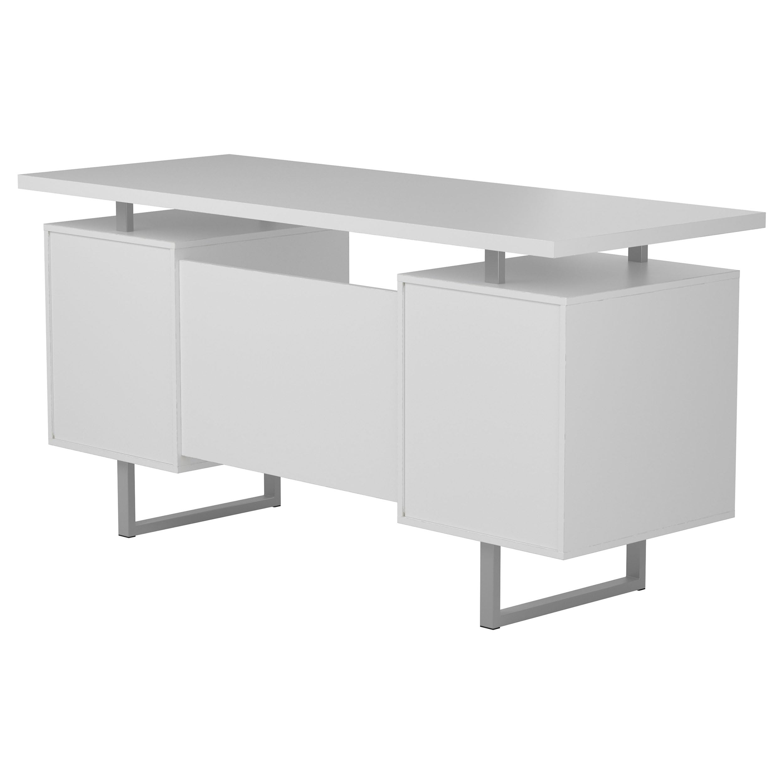 Modern Contemporary 2-Drawer Home Office Writing Desk with Storage File Cabinet - Silver Metal Frame & White High Gloss Finish - Perfect for Small Spaces, Home Offices, and Workspaces (Model 803521)
