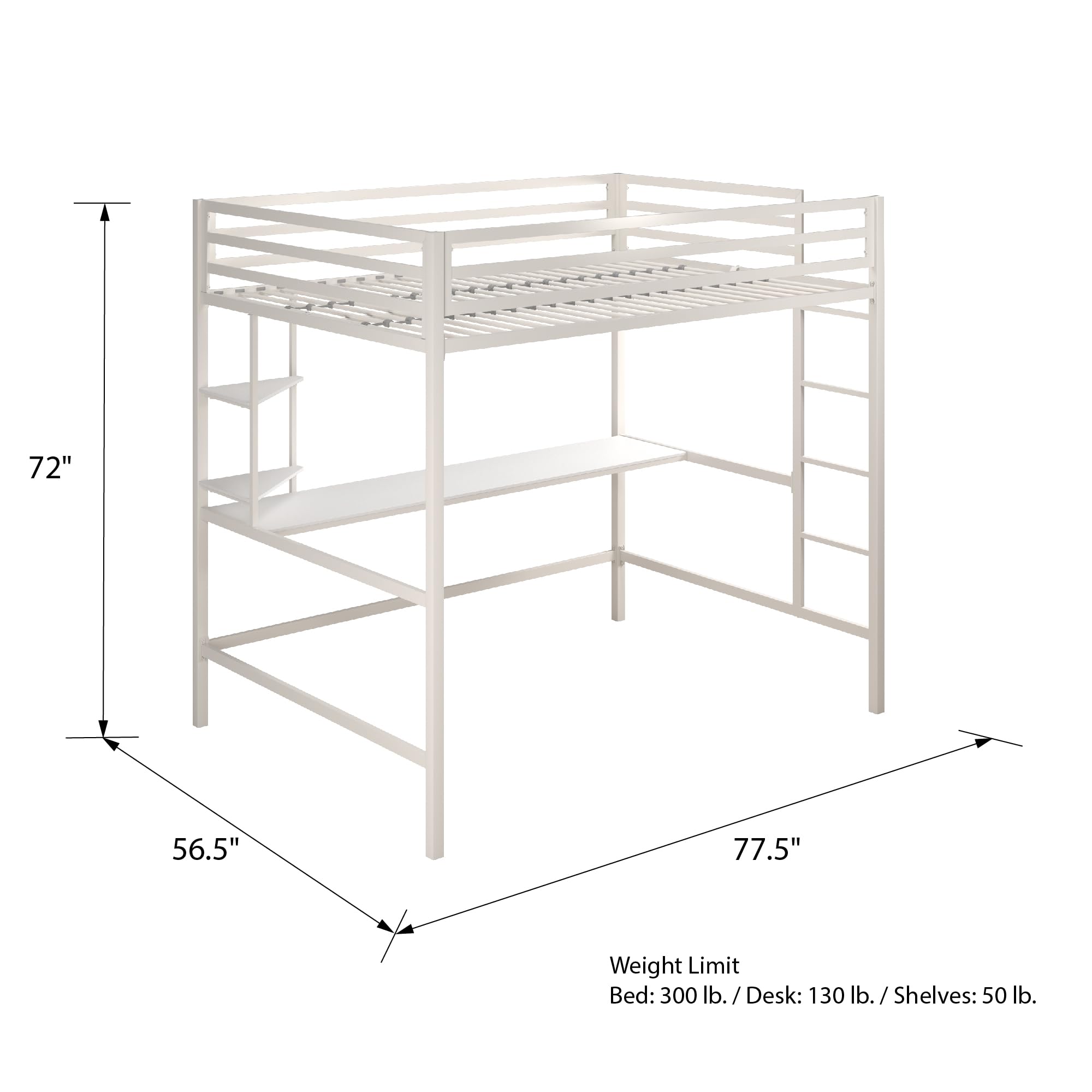 Novogratz Maxwell Metal Full Loft Bed with Desk & Shelves, Off White - Space-Saving Study & Sleep Solution for Small Rooms, Dorms & Apartments