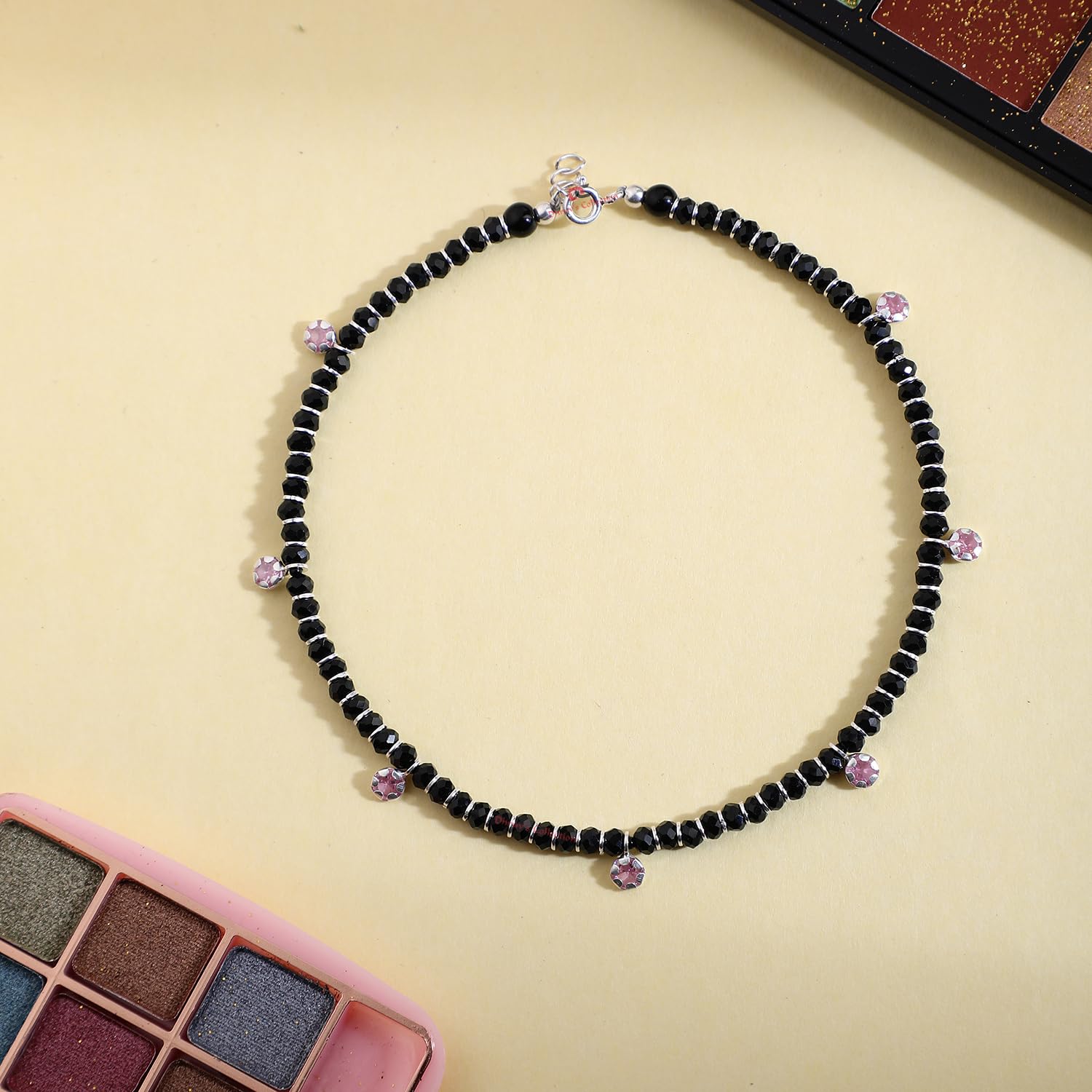 925 Sterling Silver Stylish Nazariya Anklet (Payal) with Black & Silver Crystal Beads for Women & Girls - Perfect for Weddings, Parties & Festive Occasions