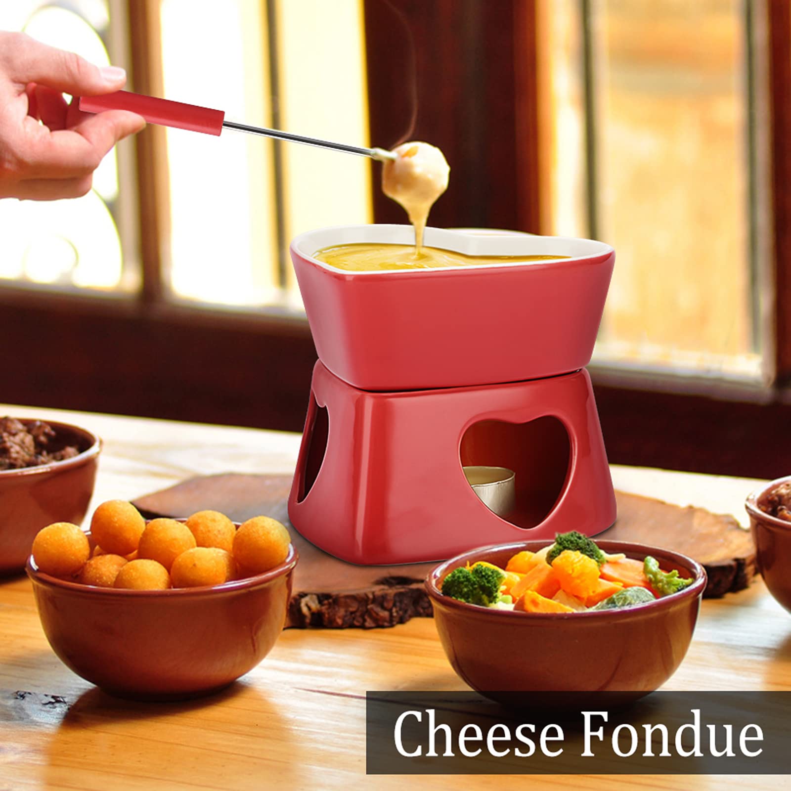 Red Ceramic Butter Warmer Set - Heart Shaped Fondue Pot for Melting Cheese, Chocolate, Butter & Caramel - Includes 4 Forks - Perfect for Romantic Dinners, Parties & Family Gatherings