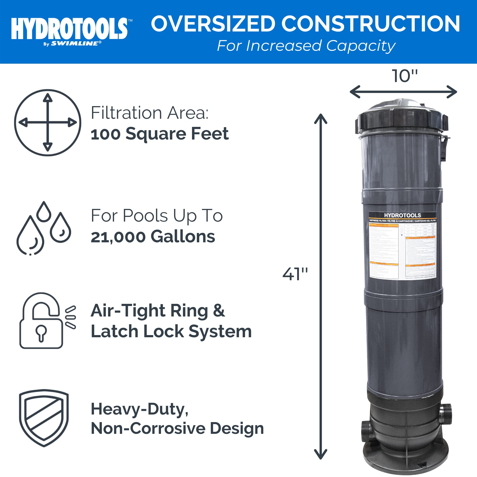 SWIMLINE HYDROTOOLS Above-Ground Pool Cartridge Filter Tank with Sure-Flo 100 Sq Ft Element - Efficient Pool Water Filtration System for Backyard Swimming Pools