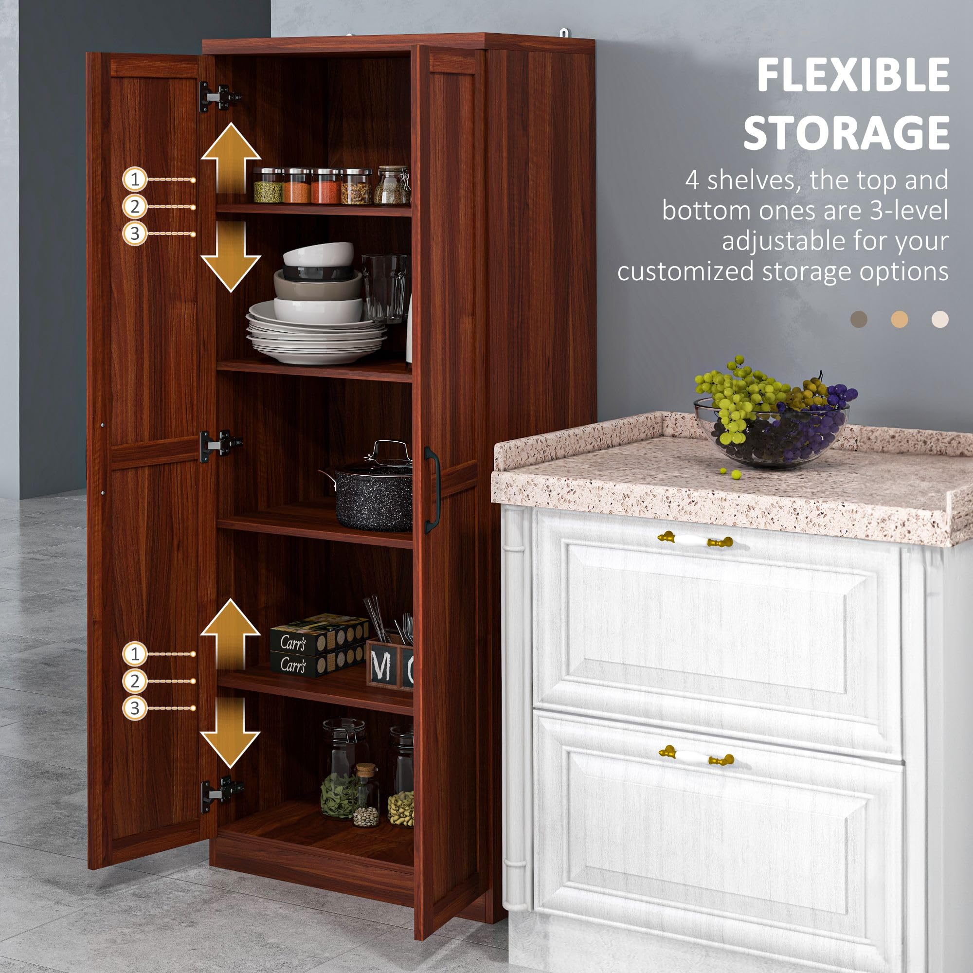 HOMCOM 63 Inch 2-Door Kitchen Pantry Cabinet - Freestanding Storage Organizer with 5-Tier Shelves & 2 Adjustable Shelves for Dining Room, Living Room, Bedroom - Tan Wood Finish for Home Organization & Decor