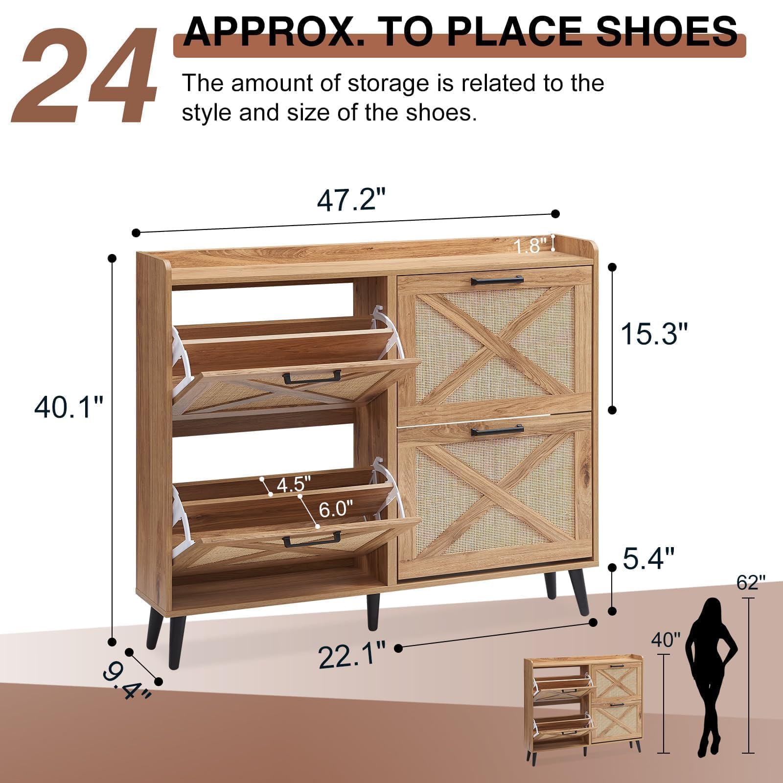 Boho Shoe Storage Cabinet with 4 Flip Drawers & Rattan Design - Freestanding Farmhouse Narrow Shoe Organizer for Entryway, Hallway, Foyer - Perfect for Small Spaces & Home Decor (Natural) - Ideal for Organizing Shoes in Apartments, Dorms, and Closets