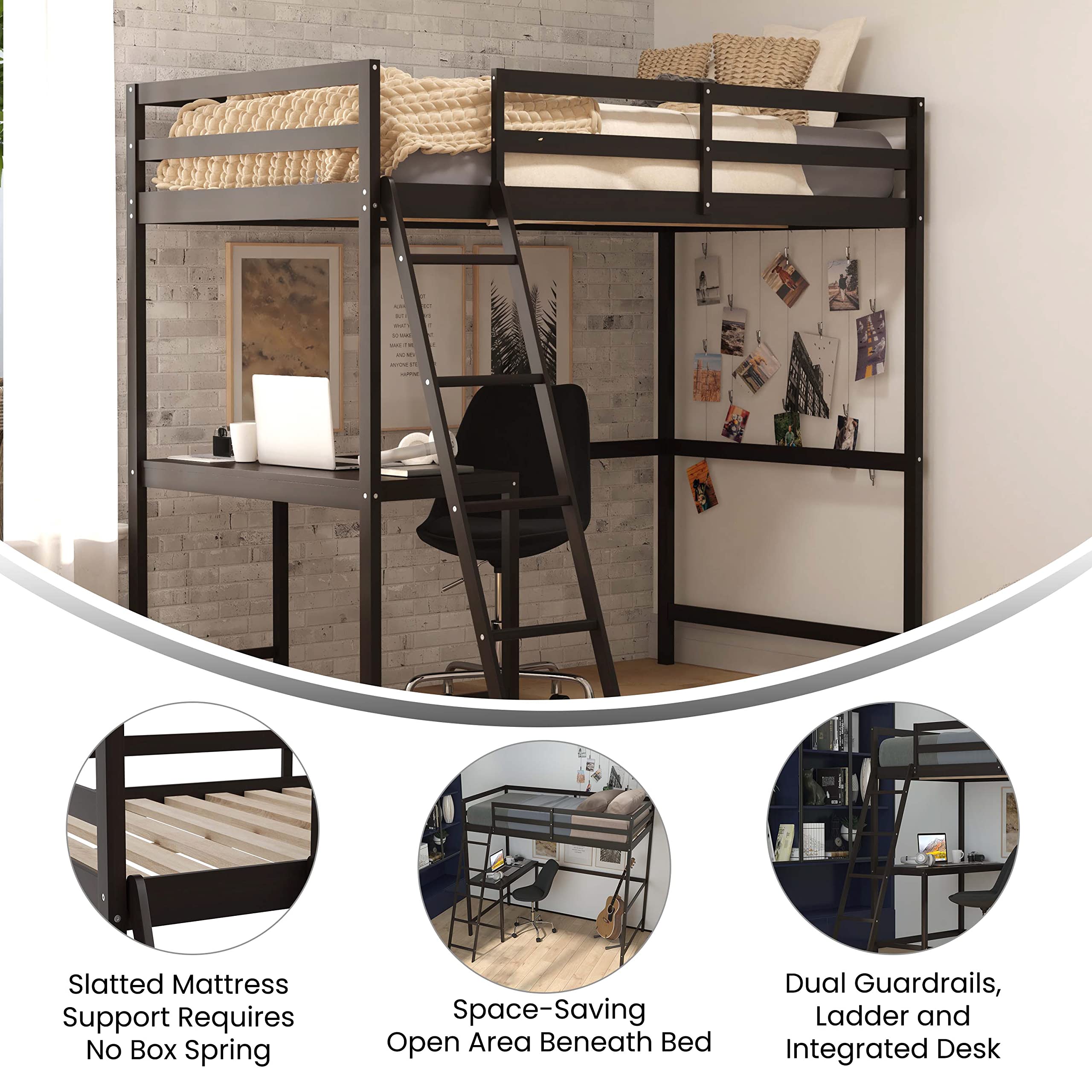 Emma & Oliver Ridley Twin Size Loft Bed Frame with Desk - Solid Pine Wood in Espresso Finish - Safety Guardrails - Fits 6-8