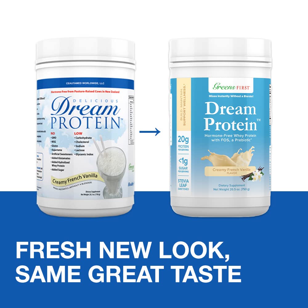 Greens First Dream Protein Powder Whey - 20g Protein Per Serving, Hormone-Free with Prebiotics, Non-GMO, No Artificial Sweeteners - Creamy French Vanilla Flavor (26.5 oz) | Post-Workout Recovery, Meal Replacement, Smoothie Booster for Fitness & Weight Management