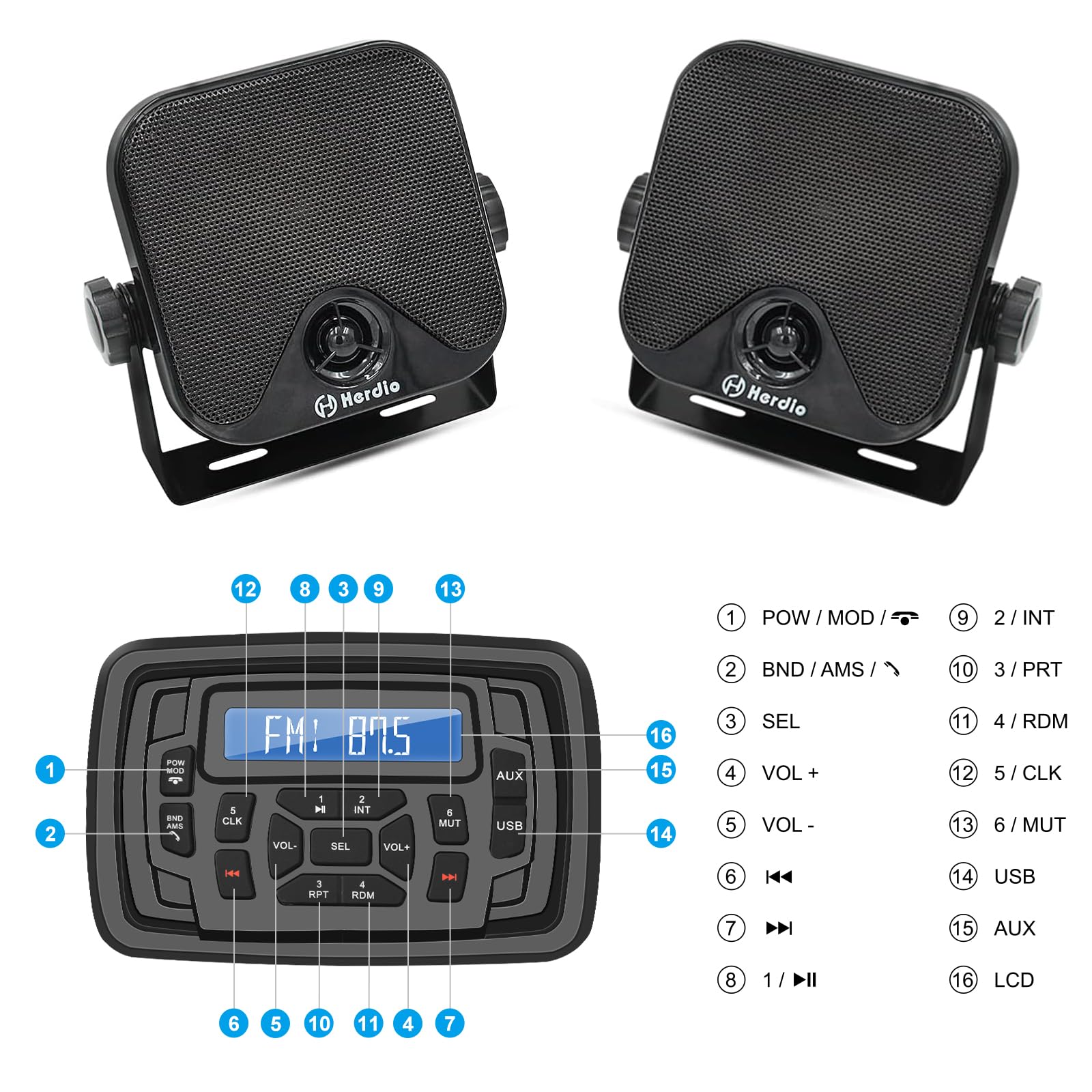 Herdio Marine Bluetooth Radio System with AM/FM Stereo Receiver, 4