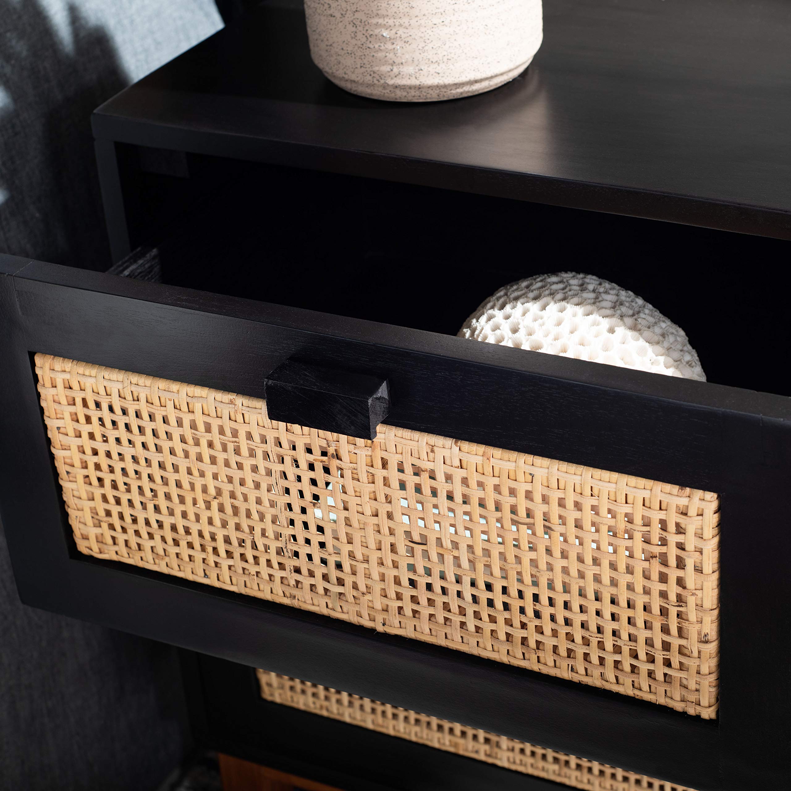 SAFAVIEH Home Collection Erica Black & Natural Rattan 2-Drawer Nightstand - Modern Bedside Table for Bedroom Decor, Storage Solution