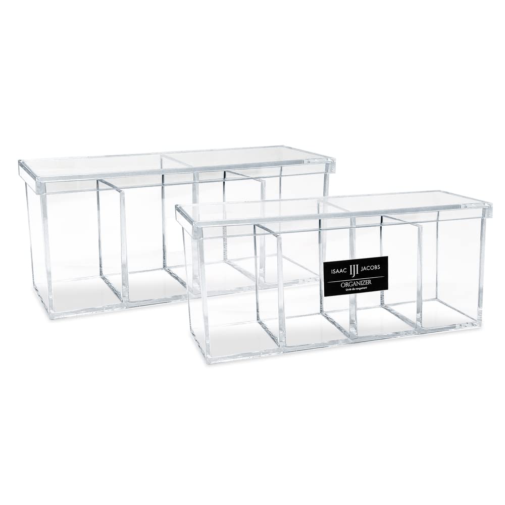 Isaac Jacobs 2-Pack Clear Acrylic Makeup Brush Organizer with Lid - 4 Compartment Sectional Storage Tray for Cosmetics, Jewelry, Office Supplies & Crafts (9”x3”x4”) - Perfect for Vanity, Bathroom & Desk Organization