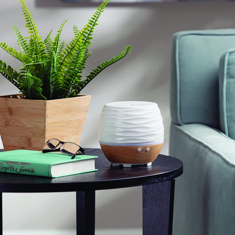 Ellia Ascend Ultrasonic Aroma Diffuser - Premium Ceramic & Wood Essential Oil Diffuser with Natural Aroma, Humidifier, Night Light | 6-Hour Runtime & Essential Oil Starter Kit | Perfect for Home, Office, Yoga & Spa Relaxation