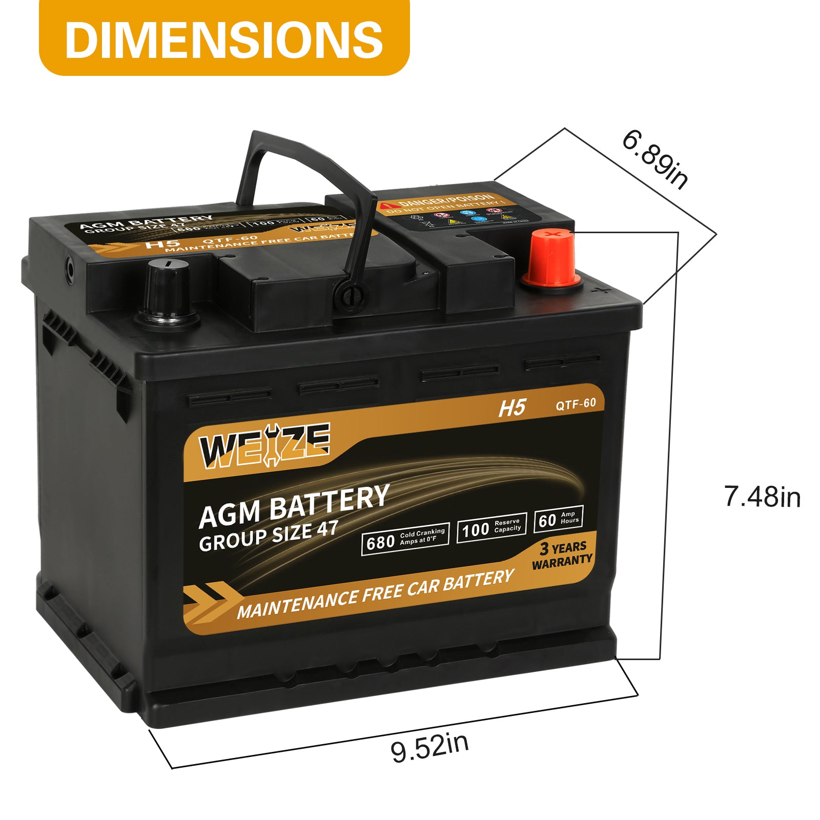WEIZE Wise Series Group 47 AGM Car Battery 12V 60Ah H5 - High Performance Automotive Replacement Battery for Sedans, SUVs & Trucks - Cold Cranking & Deep Cycle Power for Reliable Starts in All Weather Conditions