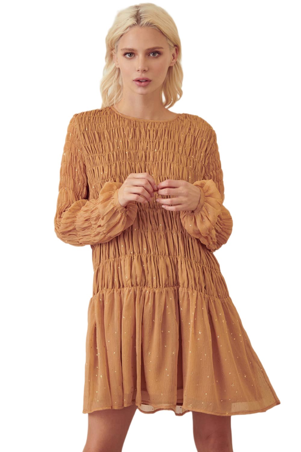 Little Stars Golden Smocked Dress for Girls - Elegant Embroidered Party Dress | Perfect for Birthday, Easter, Christmas & Special Occasions