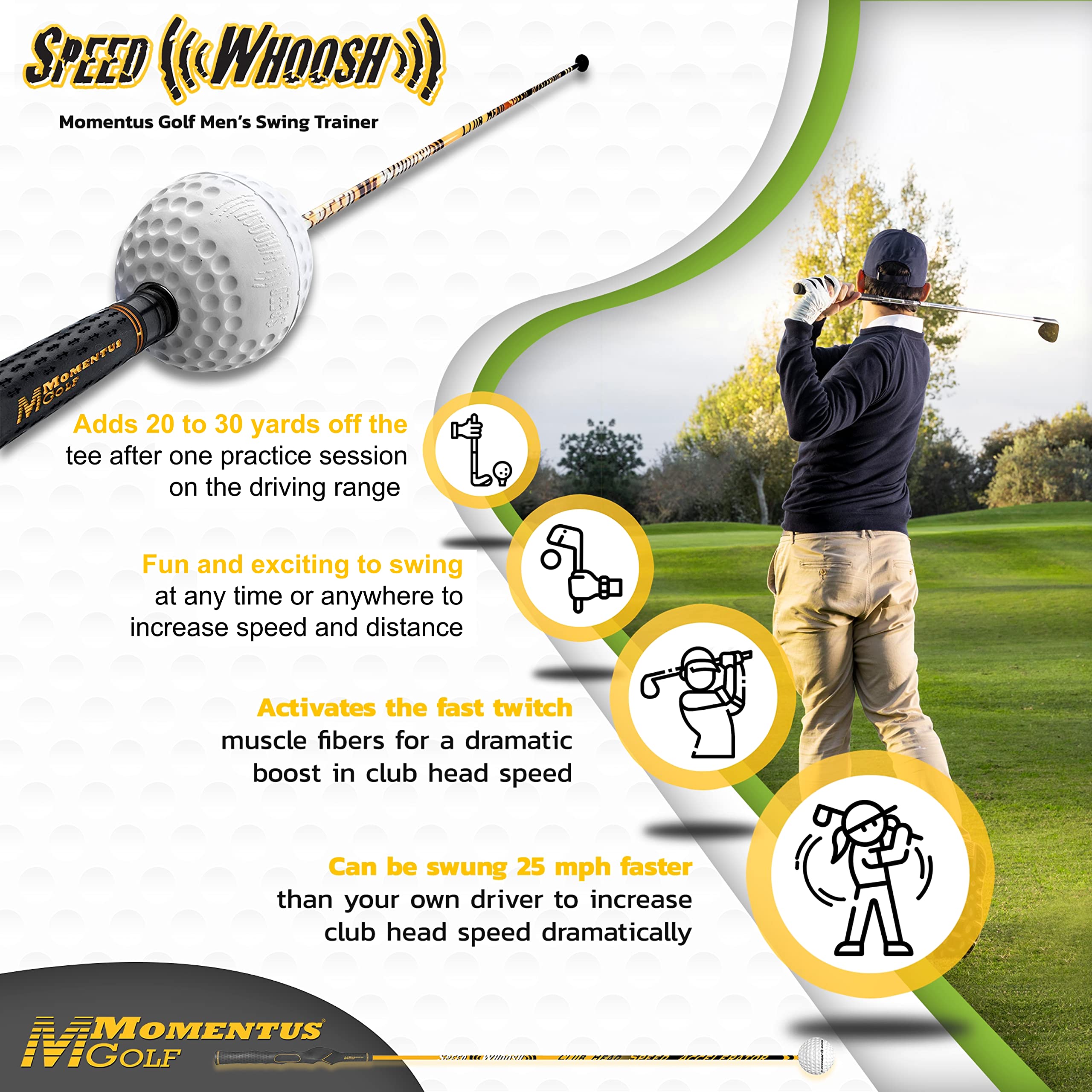 Momentus Speed Whoosh Golf Swing Trainer - Magnetic Sliding Timing Ball for Faster Swing Speed (7-10 mph Increase) - Premium Golf Training Aid for Driving Range & Home Practice