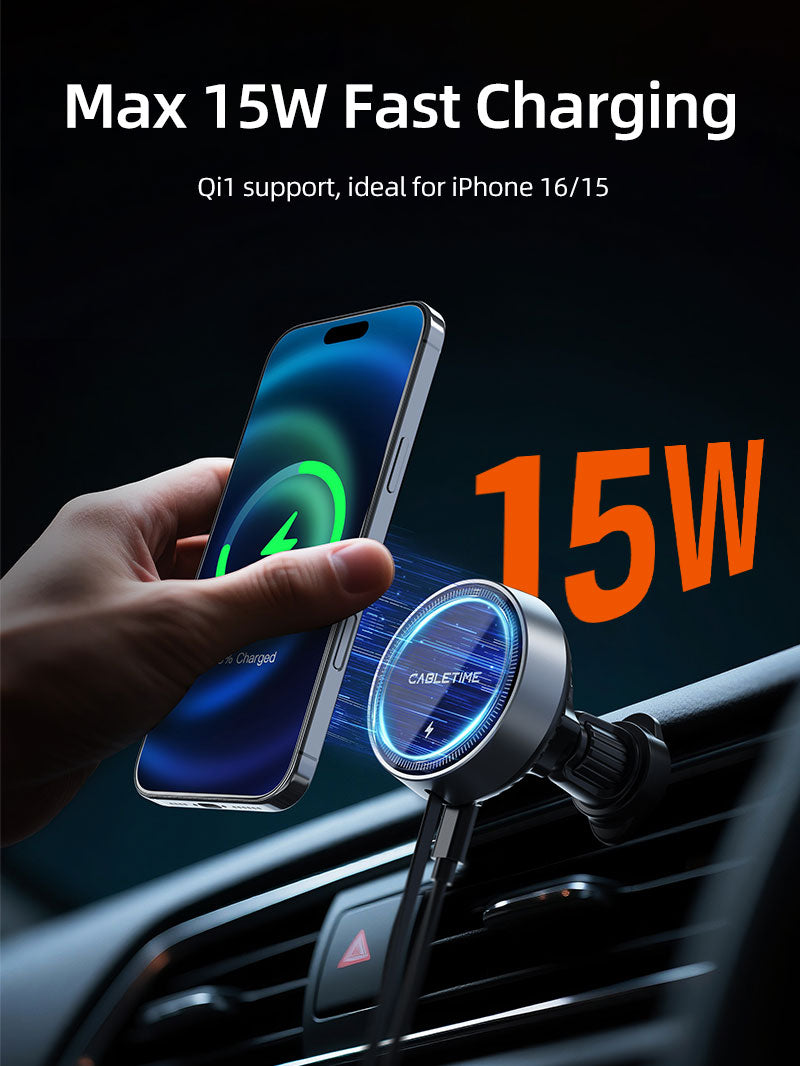 2 in 1 Magnetic Wireless Car Charger with Retractable Cable - Fast Charging Phone Mount for iPhone & Android - Perfect for Road Trips & Commuting