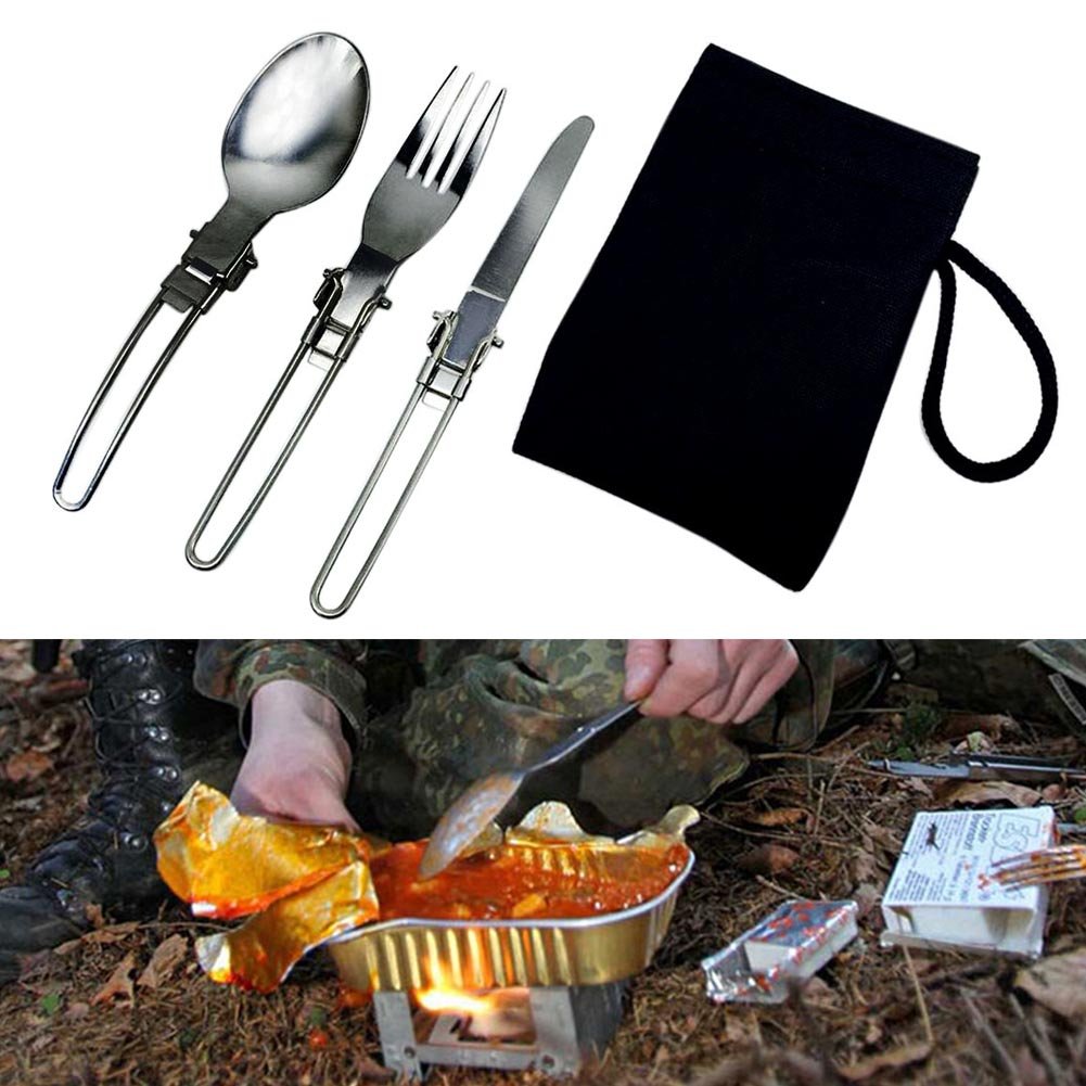 Premium Stainless Steel Camping Utensil Set - Foldable Spoon, Fork & Knife with Travel Pouch - Compact 3-Piece Cutlery Kit for Hiking, Picnics, Backpacking & Outdoor Adventures