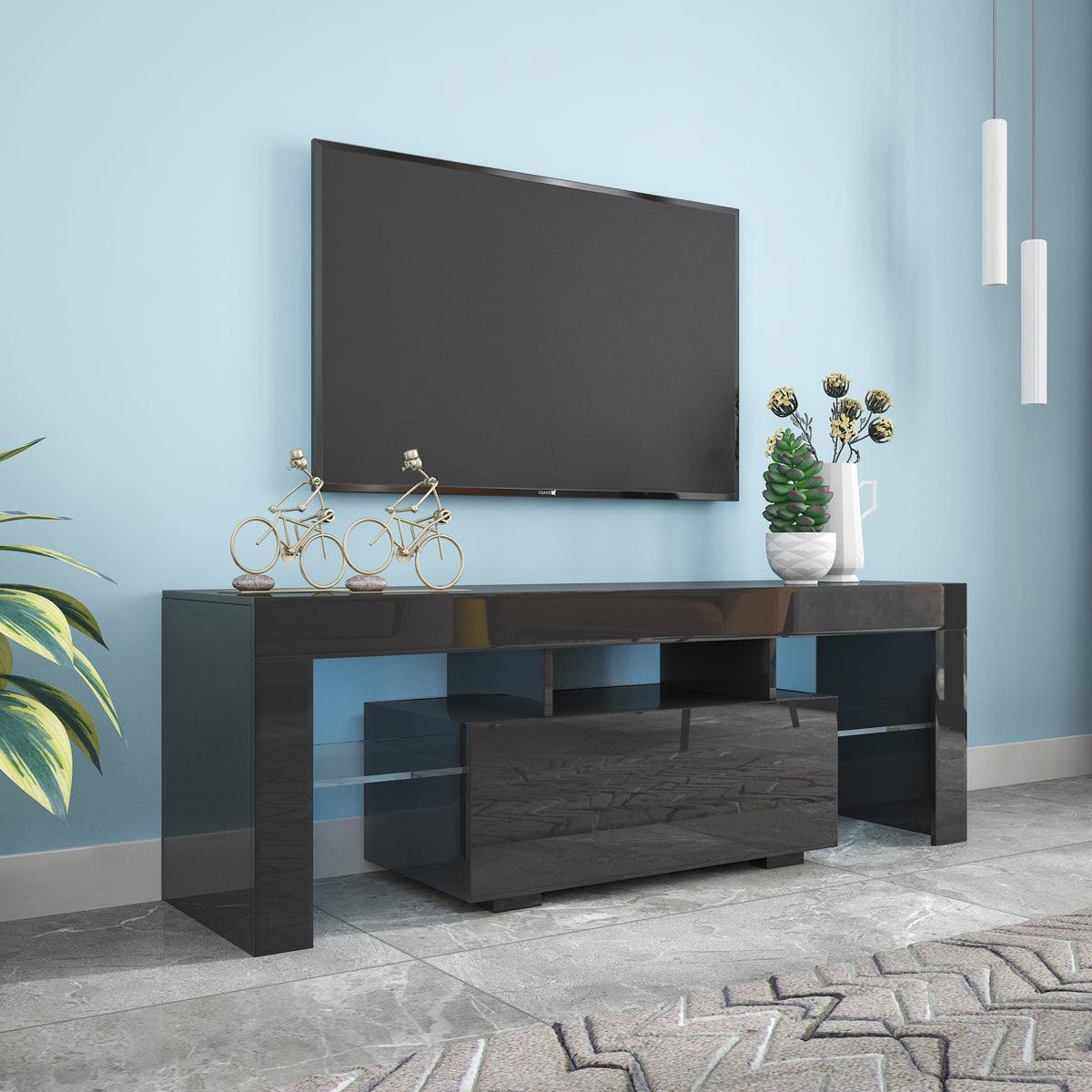 Black TV Stand with LED RGB Lights - Modern Flat Screen TV Cabinet for Gaming Consoles - Perfect for Living Room, Bedroom & Lounge Room Decor (Black) - Ideal for Movie Nights & Gaming Setup