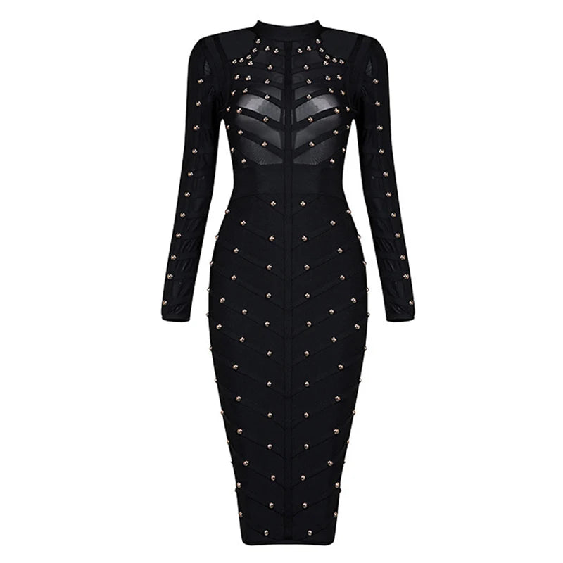 Sexy Black Long Sleeve Mesh Rivet Bodycon Bandage Midi Dress for Women - Perfect for Evening Parties, Nightclub Outfits & Special Celebrations