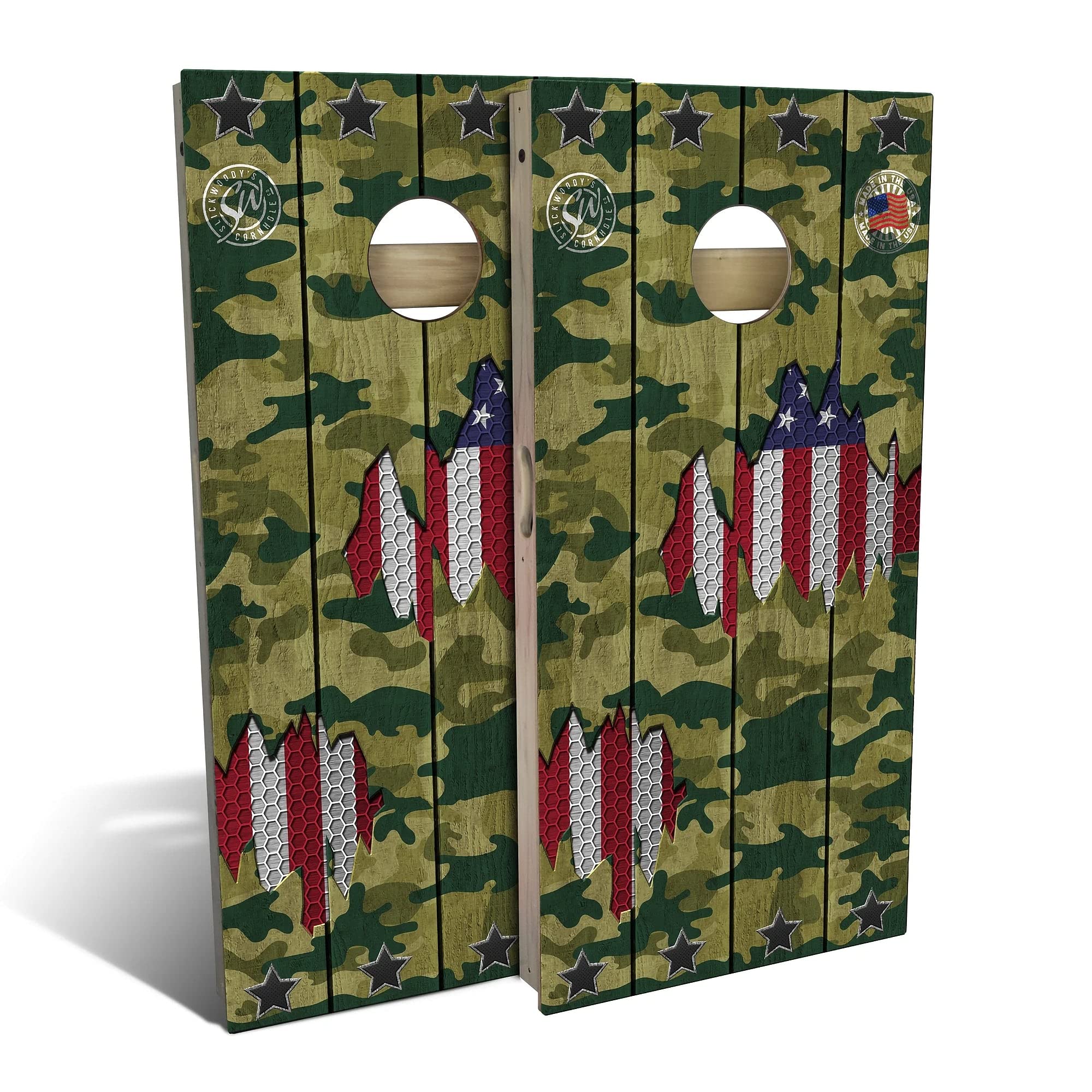 Skip's Garage American Flag Camo Cornhole Board Set - Regulation Size Bean Bag Toss Game with 2 Boards & 8 Bags - Perfect for Backyard Parties, Tailgating, and Outdoor Events