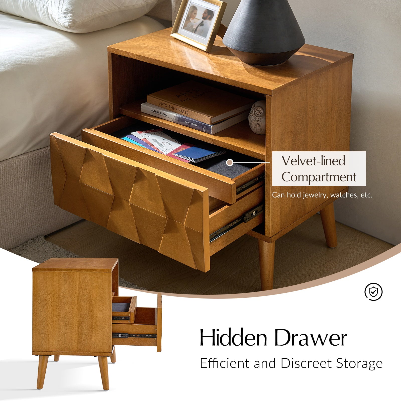 Rosalba Modern Open Shelf Nightstand with Cable Management & Hidden Drawer - Bedside Table for Bedroom, Living Room, Office - Optional Types Available